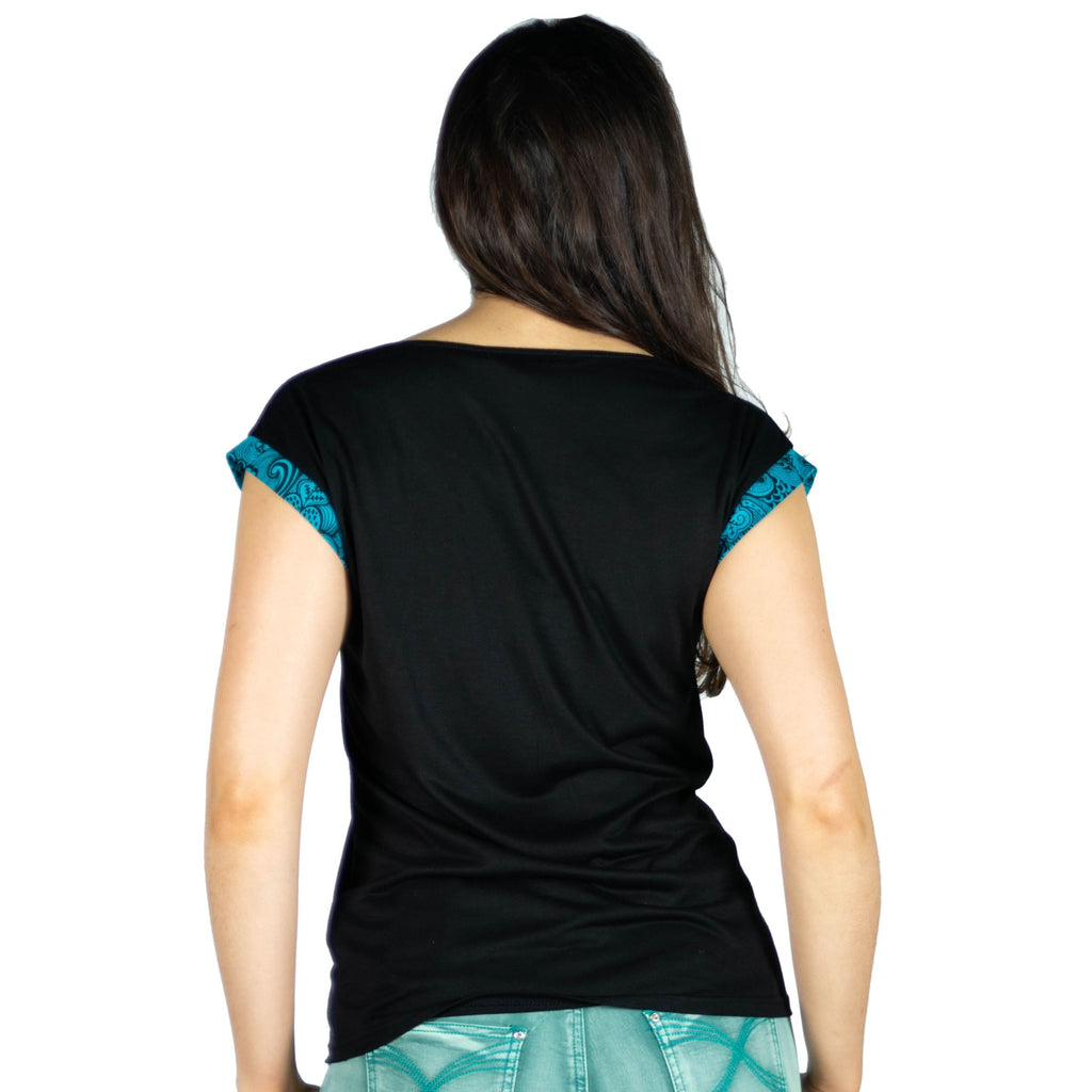 Top Mujer Manga Corta Estampado Plumas – Koroshi Negro