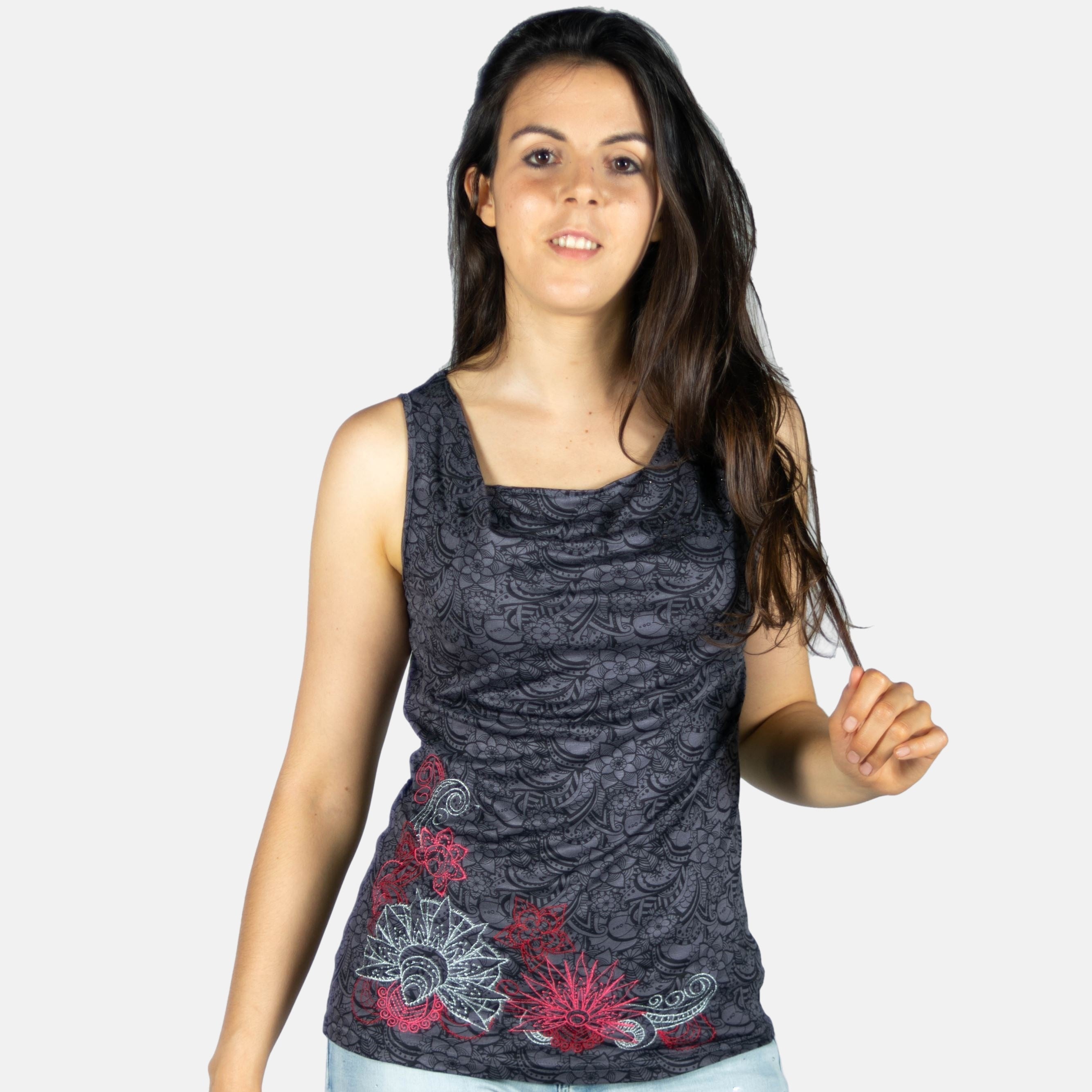 Top Mujer de Tirantes Estampado con Cuello Drapeado – Koroshi 2012TP31