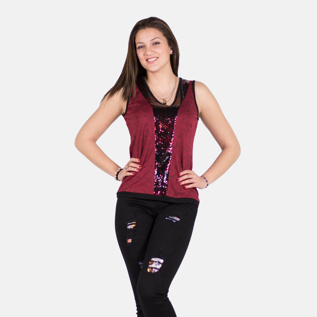 Top Mujer Tirantes Efecto Ante con Lentejuelas – Koroshi Rojo