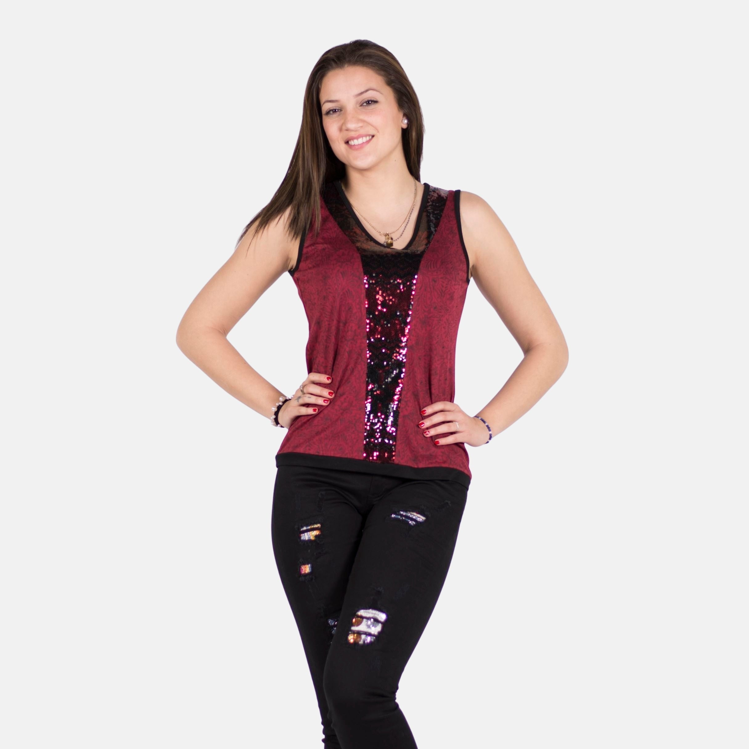 Top Mujer Tirantes Efecto Ante con Lentejuelas – Koroshi Rojo