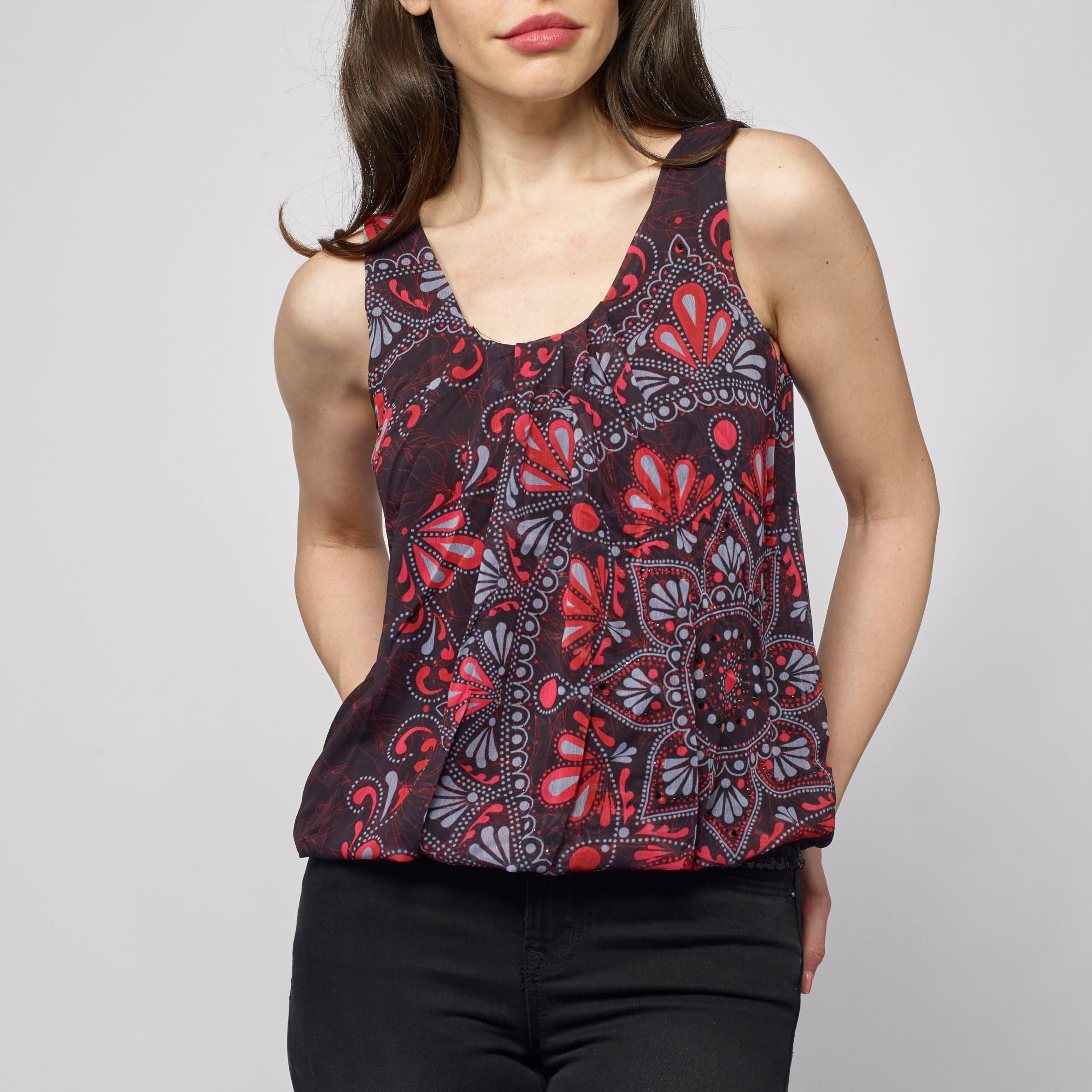 Top Fluido Tirantes Mujer Estampado Étnico – Koroshi Negro