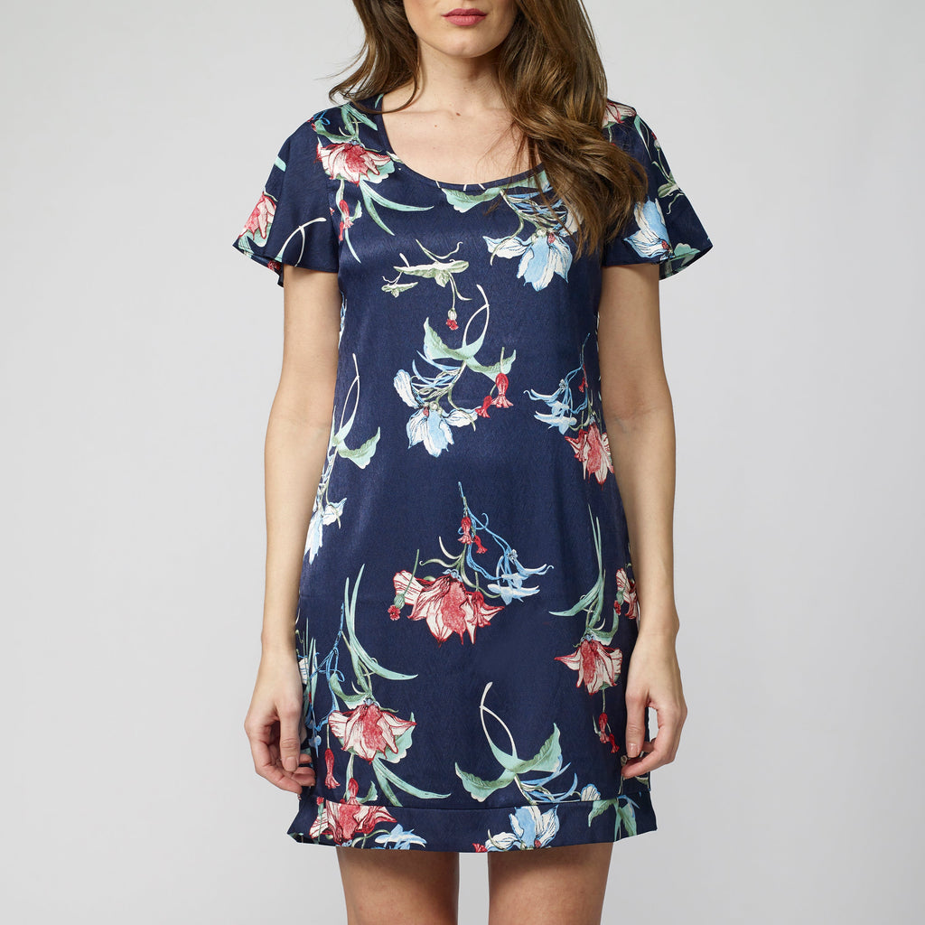 Vestido Corto Fluido Floral Tipo Satén Mujer – Koroshi Azul Marino
