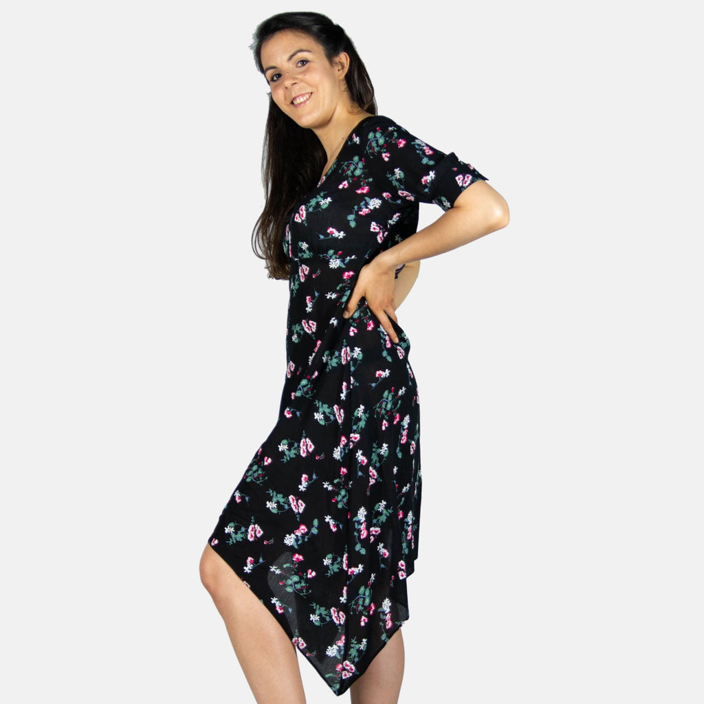 Vestido Corto Floral de Viscosa Manga Corta Mujer – Koroshi Negro