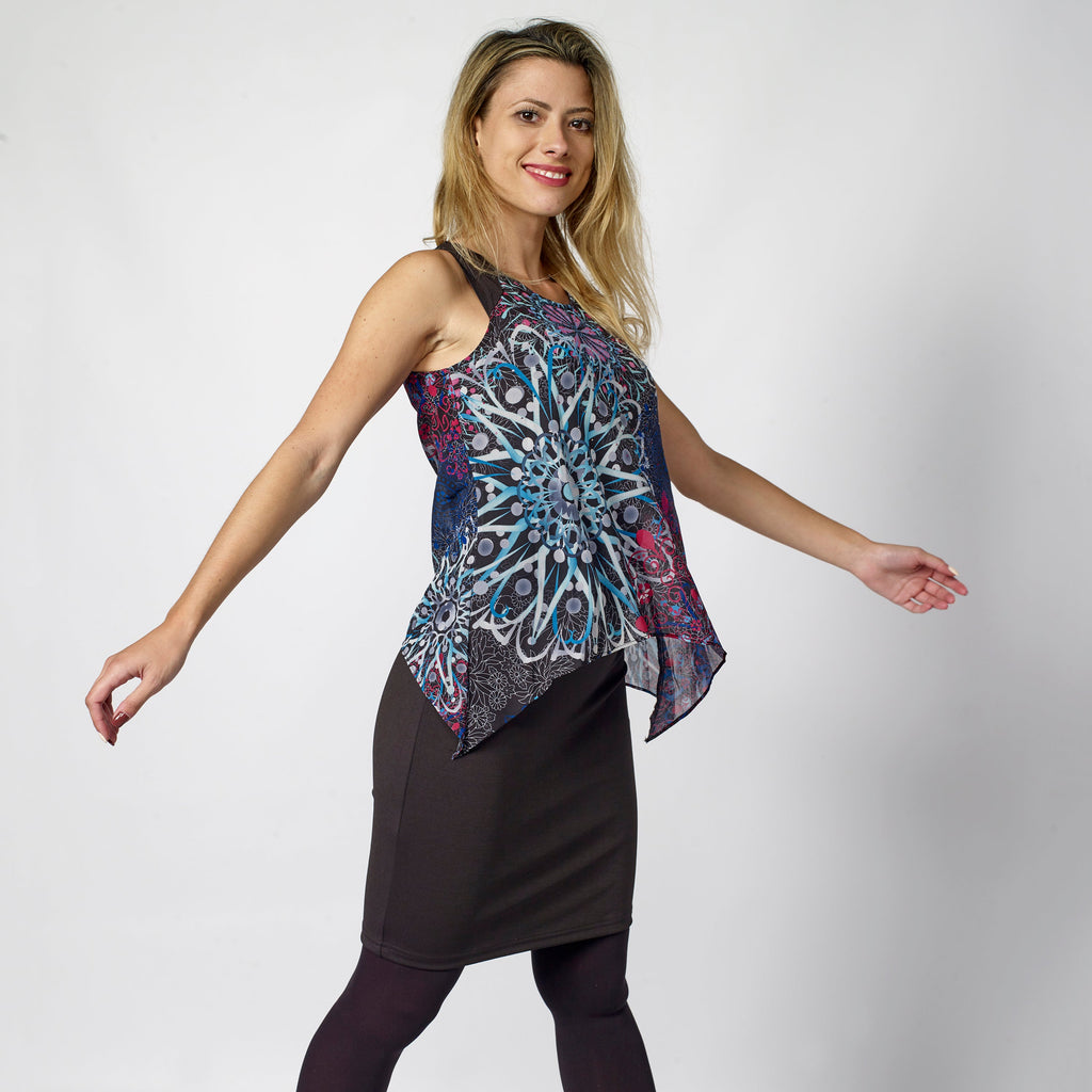 Vestido de Punto Roma con Chifón de Mandalas Mujer – Koroshi Negro