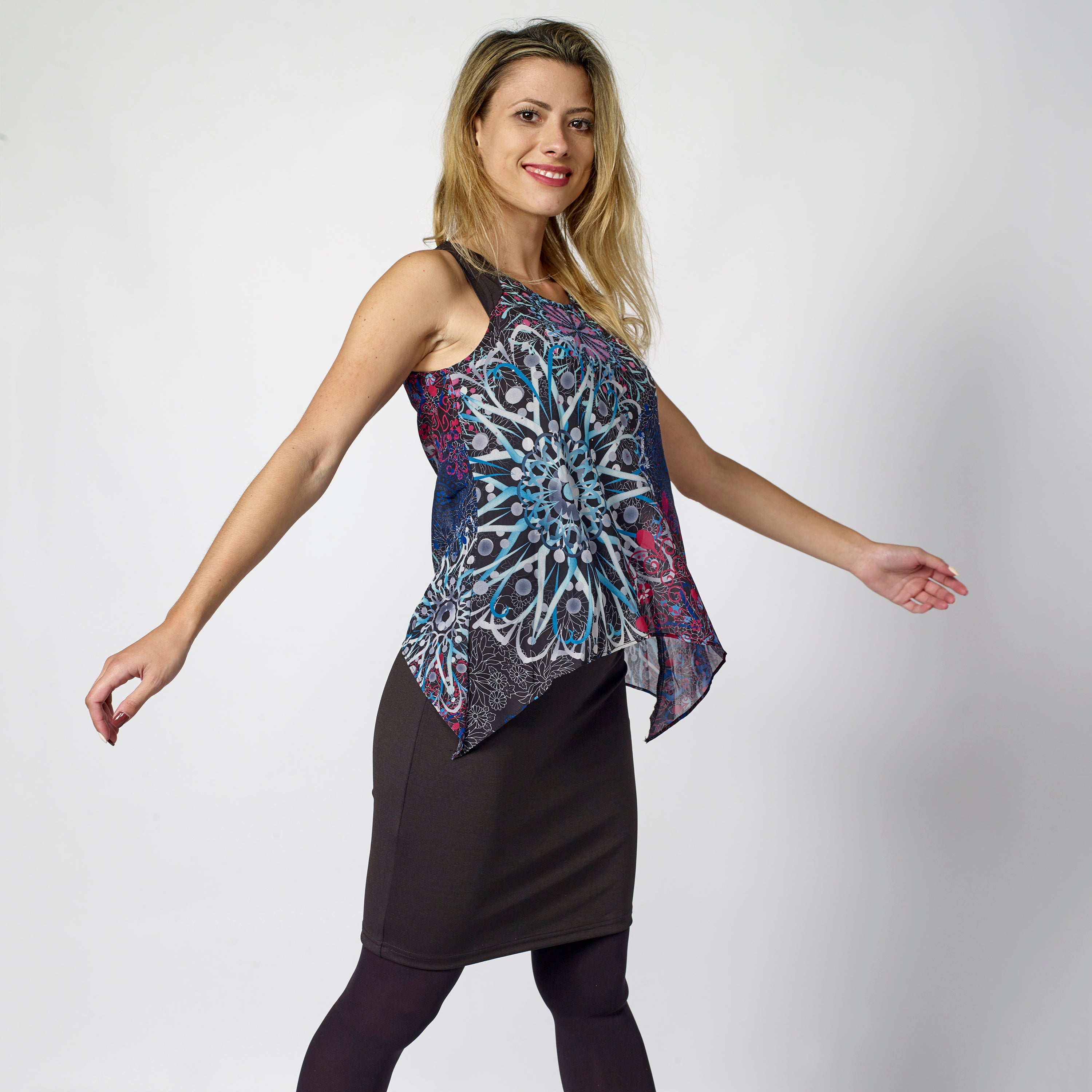 Vestido de Punto Roma con Chifón de Mandalas Mujer – Koroshi Negro