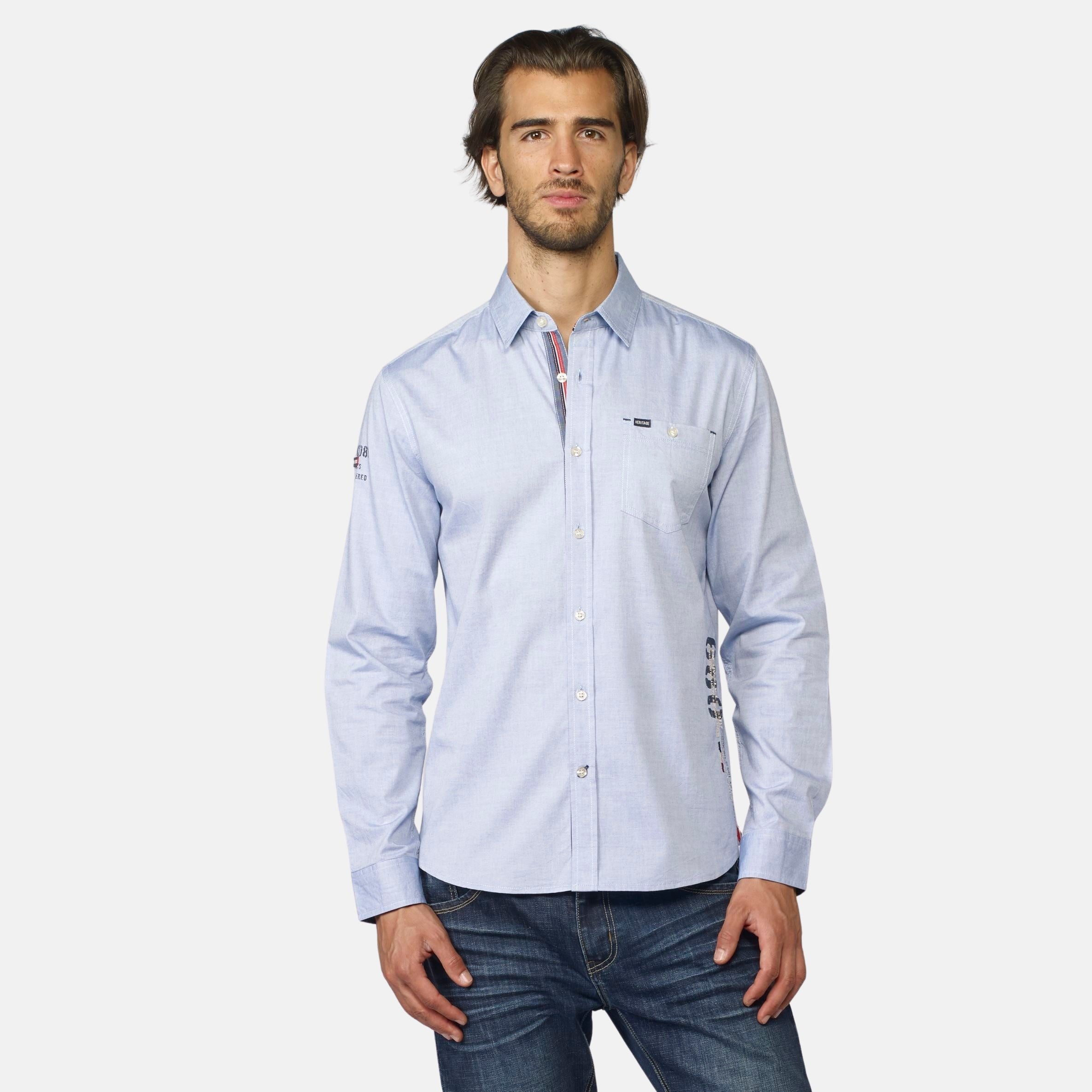 Camisa Hombre Manga Larga Oxford Estampado Texto Azul – Koroshi