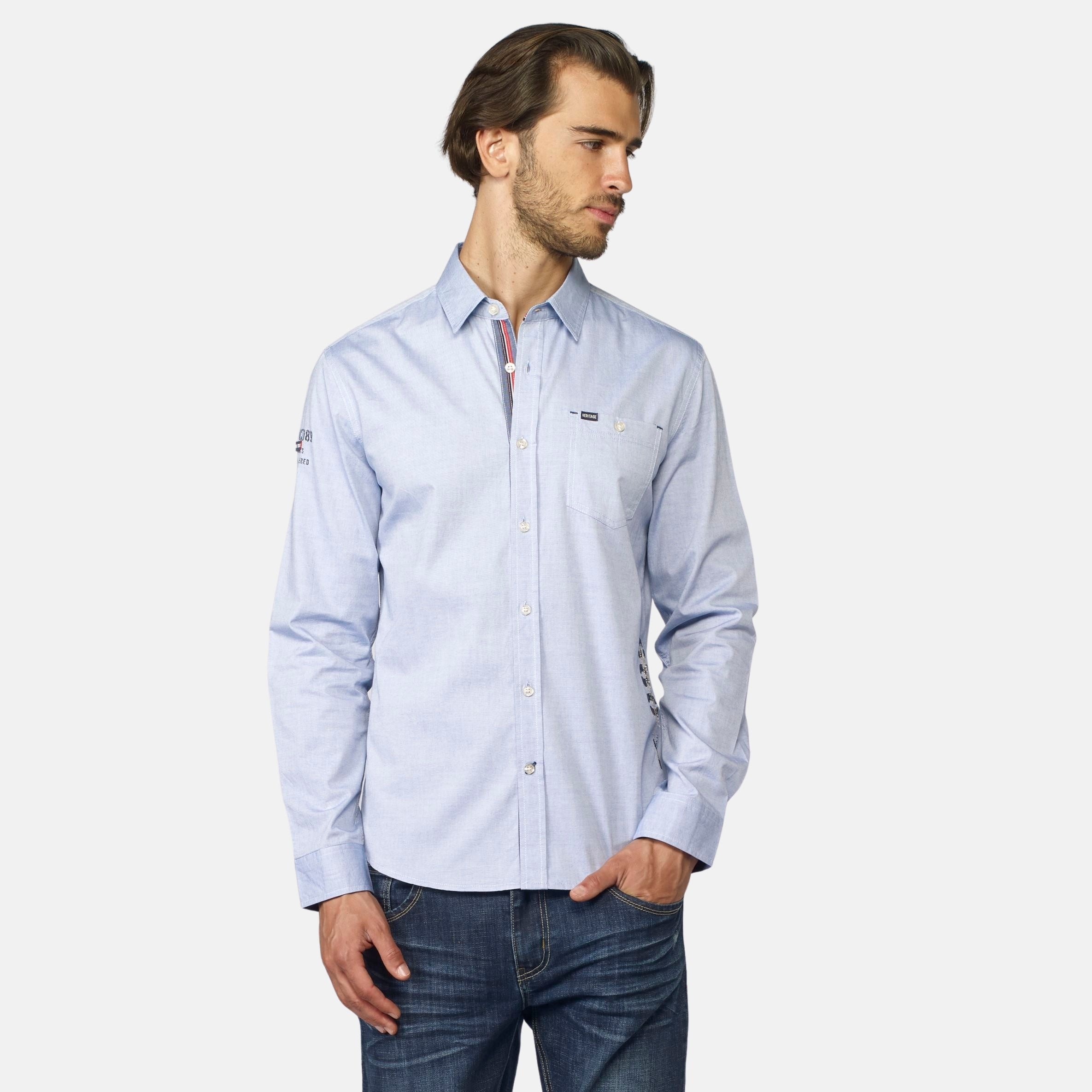 Camisa Hombre Manga Larga Oxford Estampado Texto Azul – Koroshi
