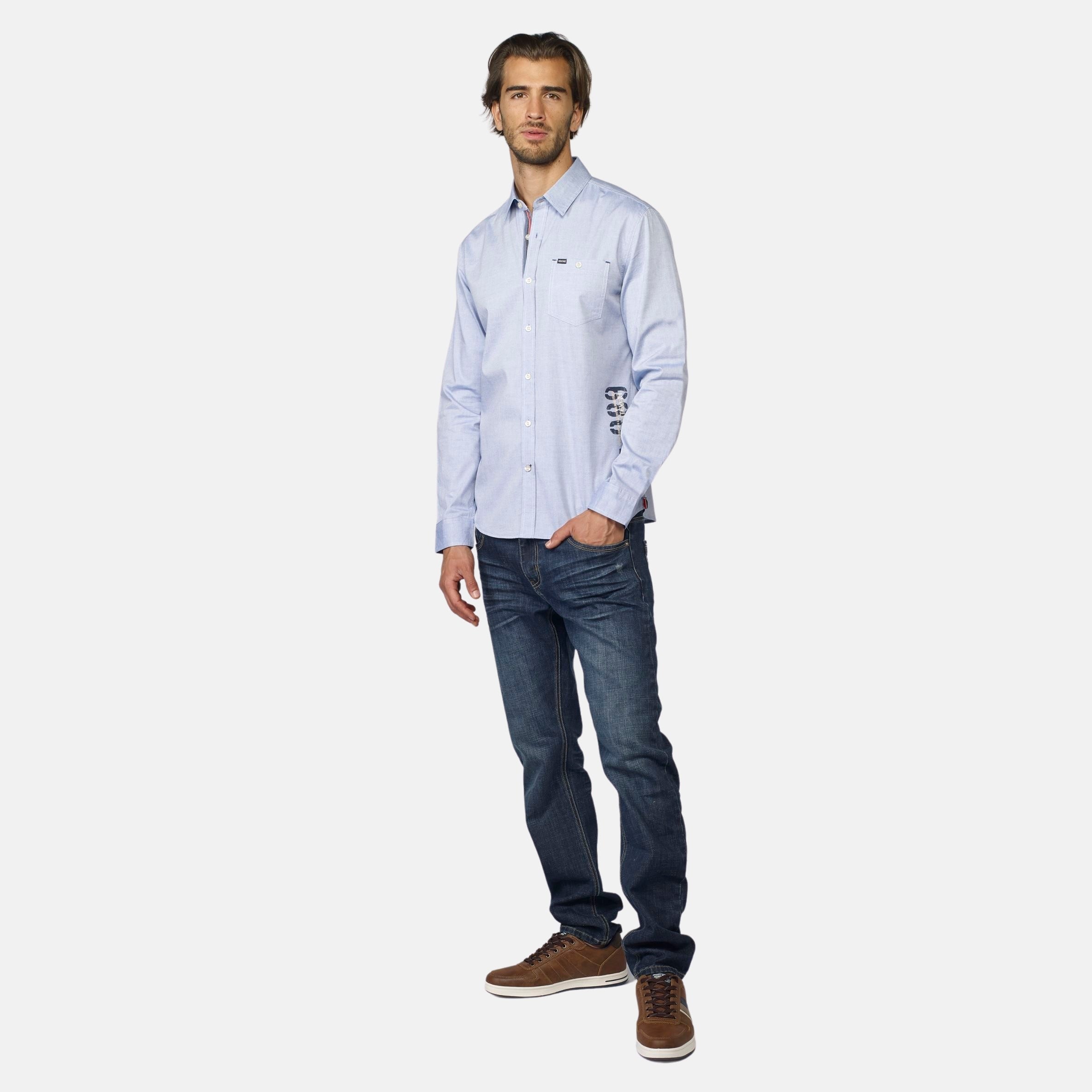 Camisa Hombre Manga Larga Oxford Estampado Texto Azul – Koroshi