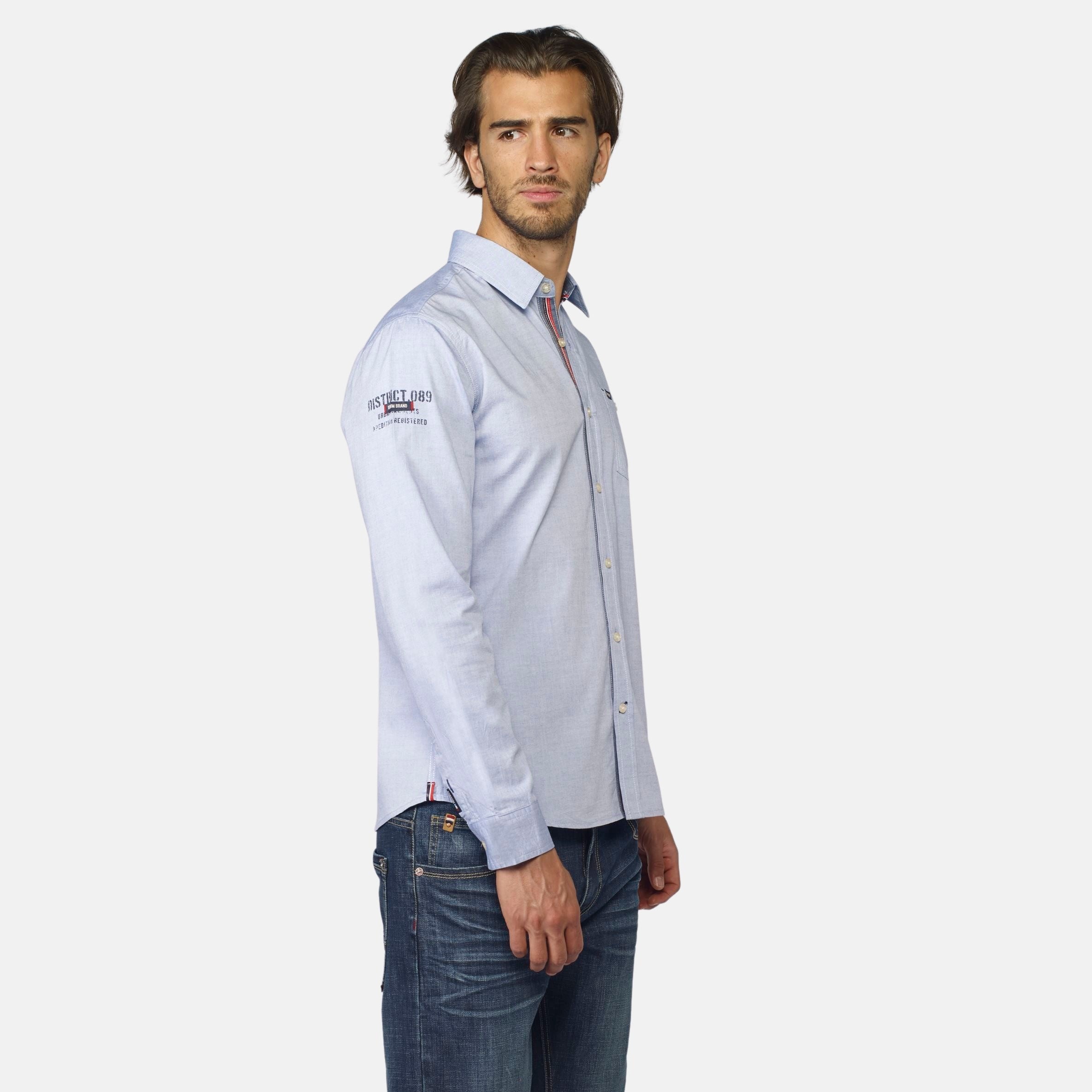 Camisa Hombre Manga Larga Oxford Estampado Texto Azul – Koroshi