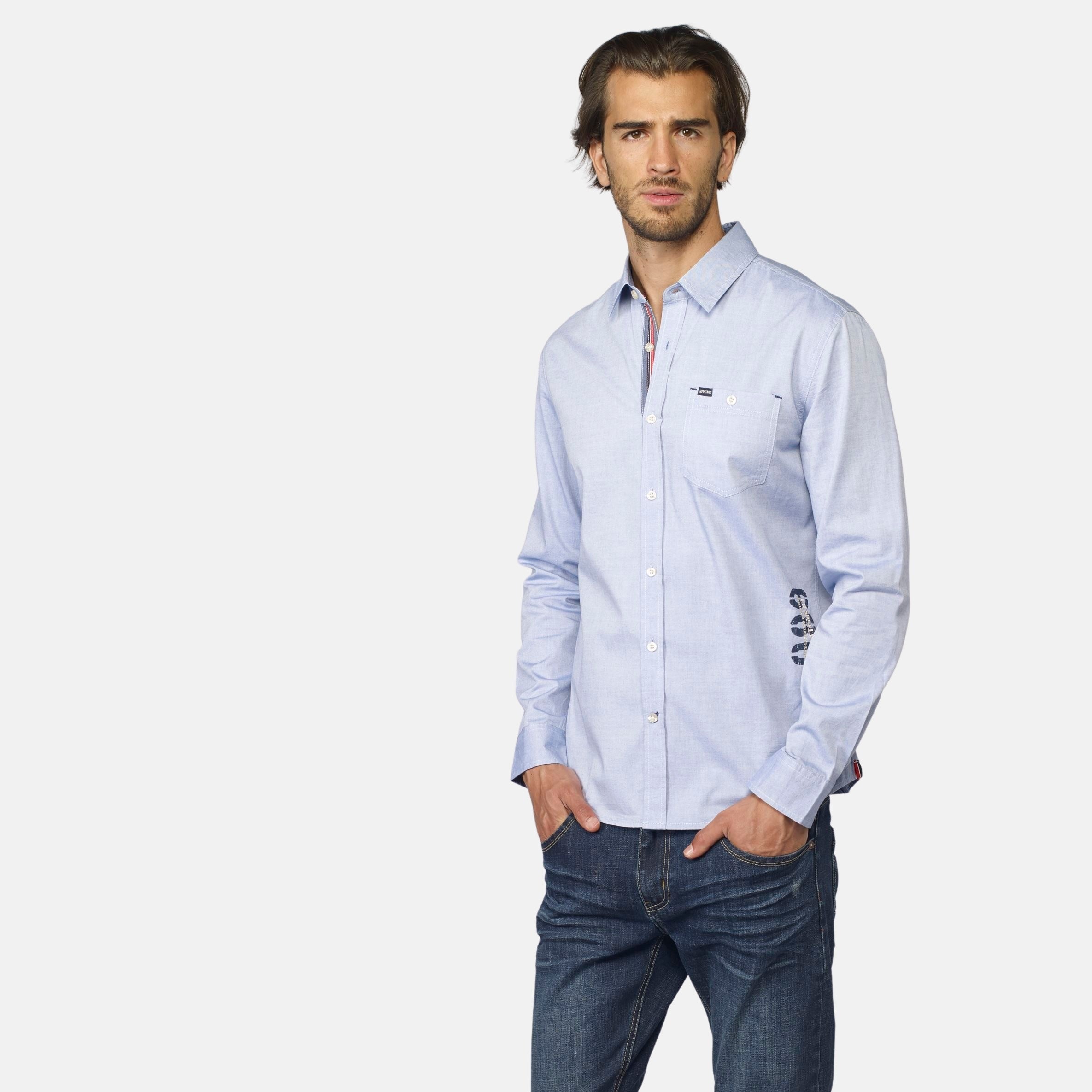 Camisa Hombre Manga Larga Oxford Estampado Texto Azul – Koroshi