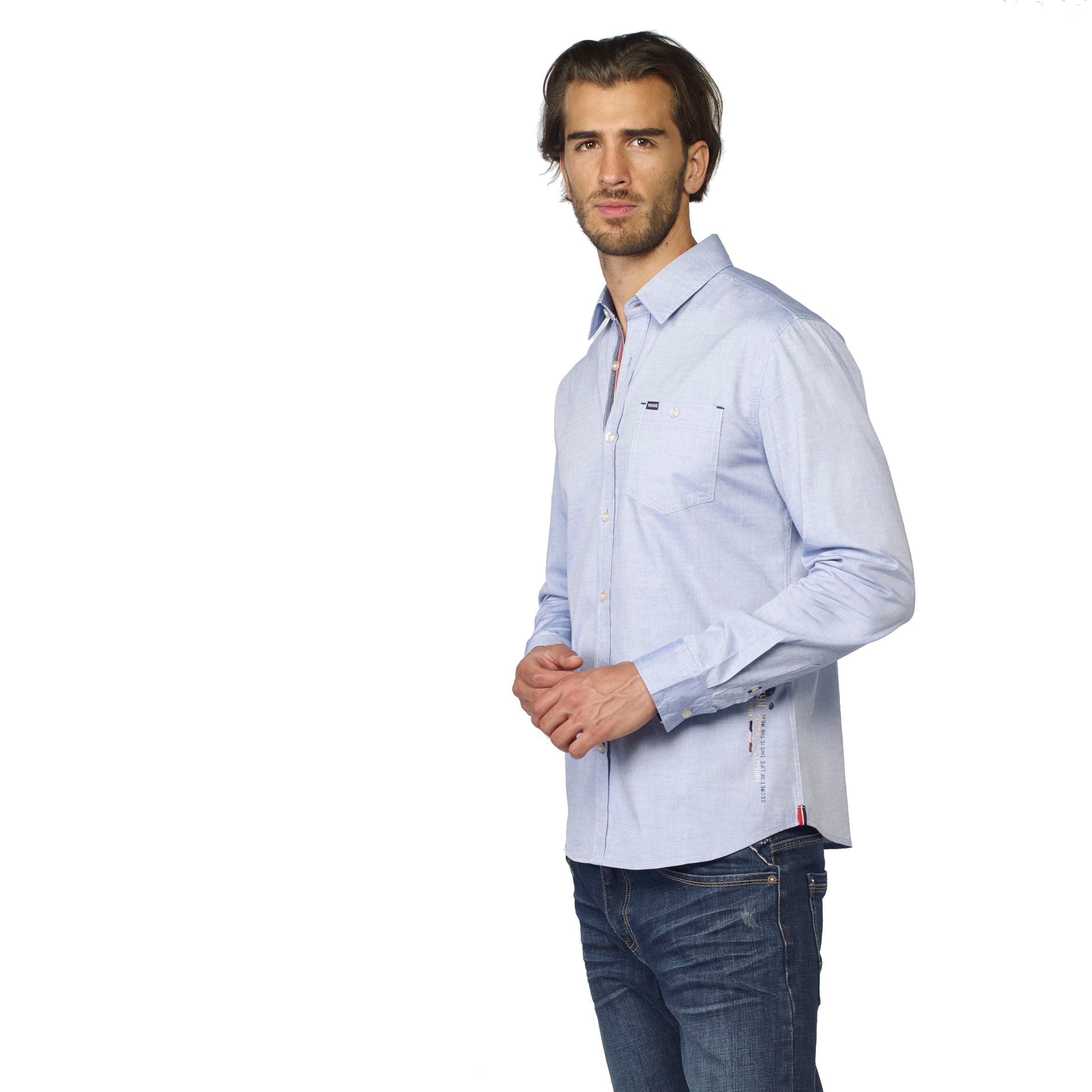 Camisa Hombre Manga Larga Oxford Estampado Texto Azul – Koroshi