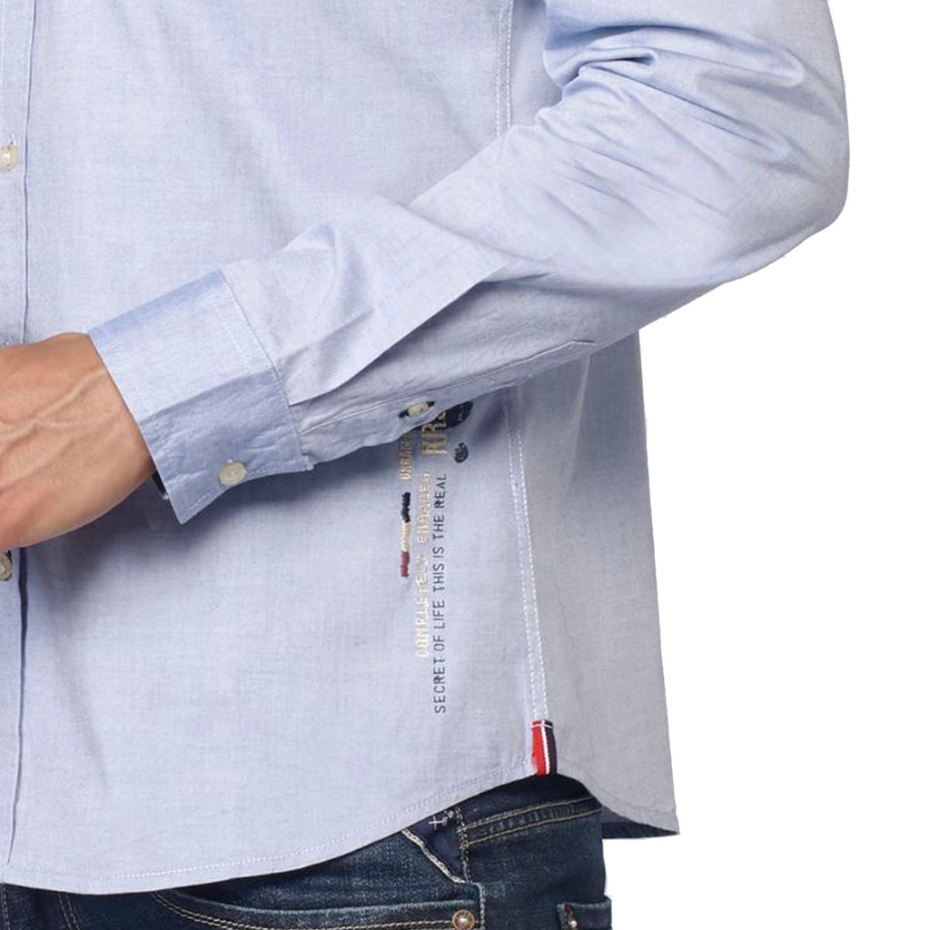 Camisa Hombre Manga Larga Oxford Estampado Texto Azul – Koroshi