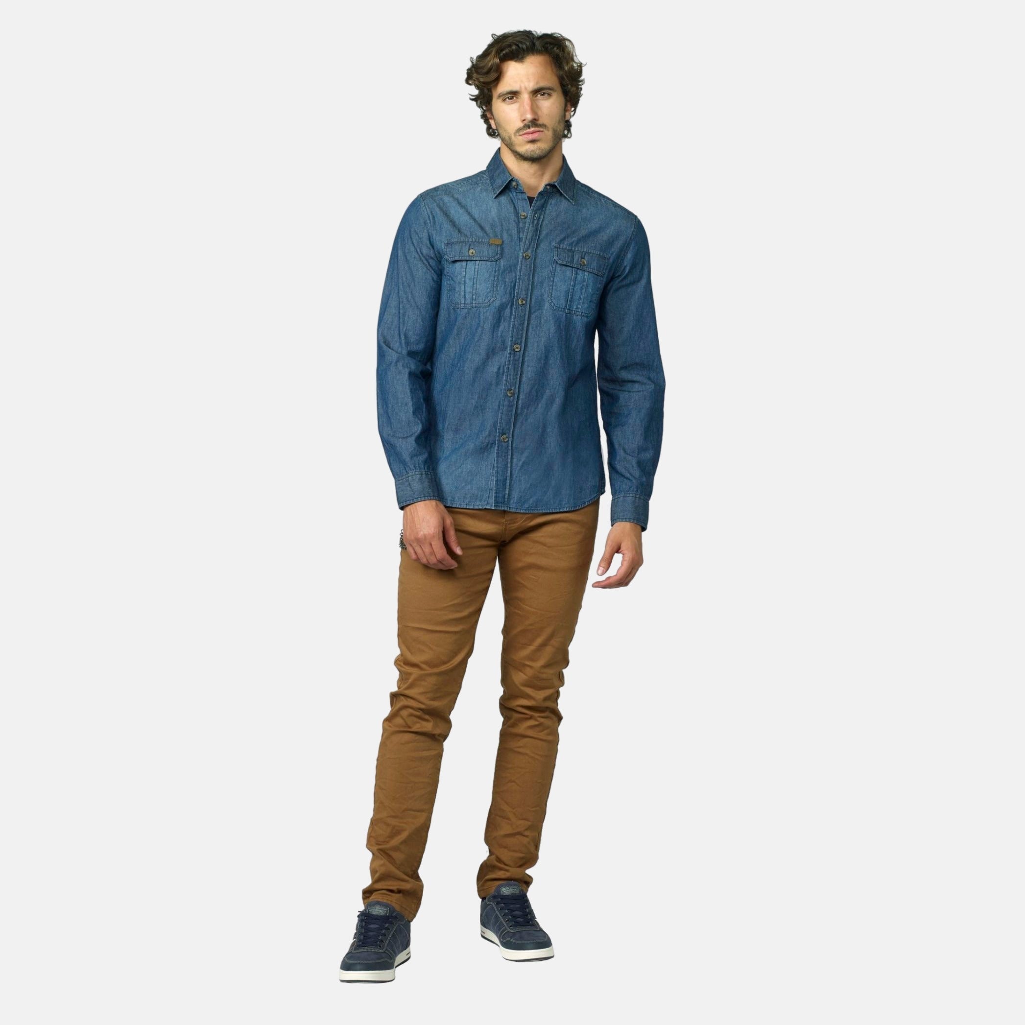 Camisa Hombre Manga Larga Denim Bordado Espalda Azul Oscuro – Koroshi