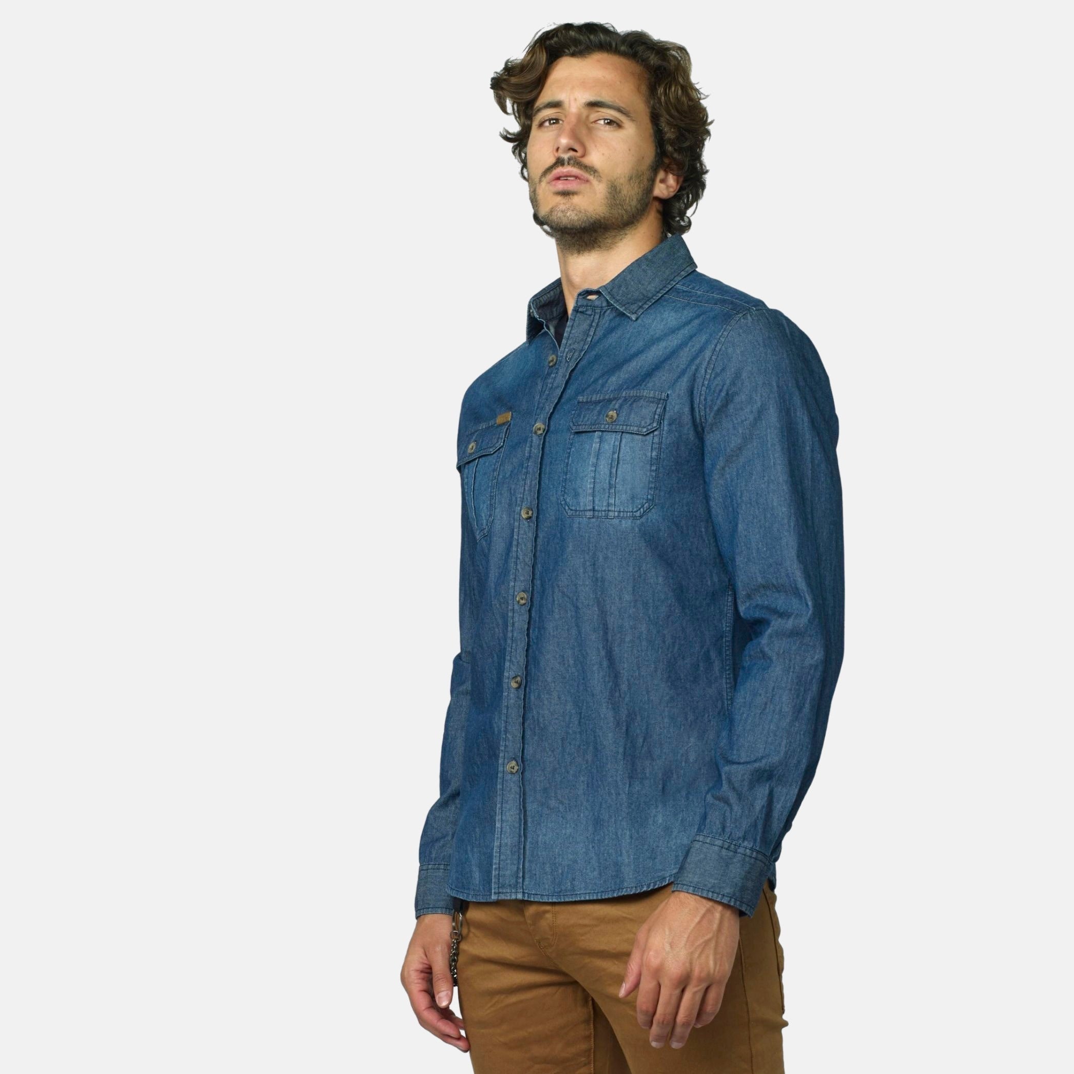 Camisa Hombre Manga Larga Denim Bordado Espalda Azul Oscuro – Koroshi