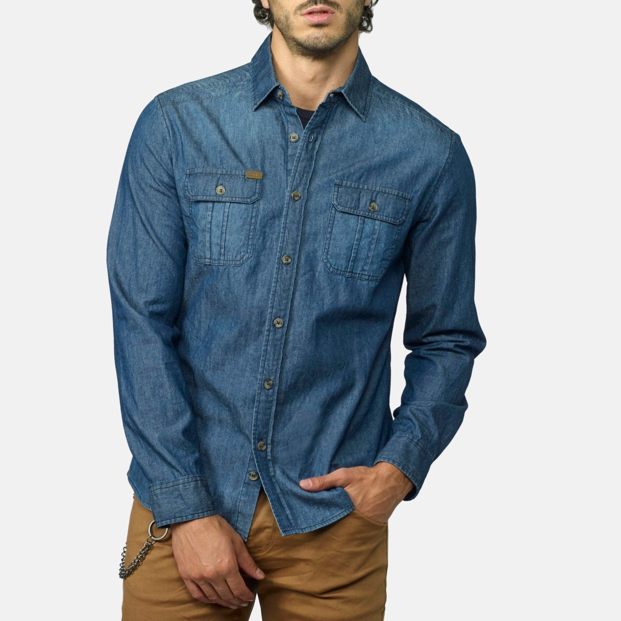 Camisa Hombre Manga Larga Denim Bordado Espalda Azul Oscuro – Koroshi