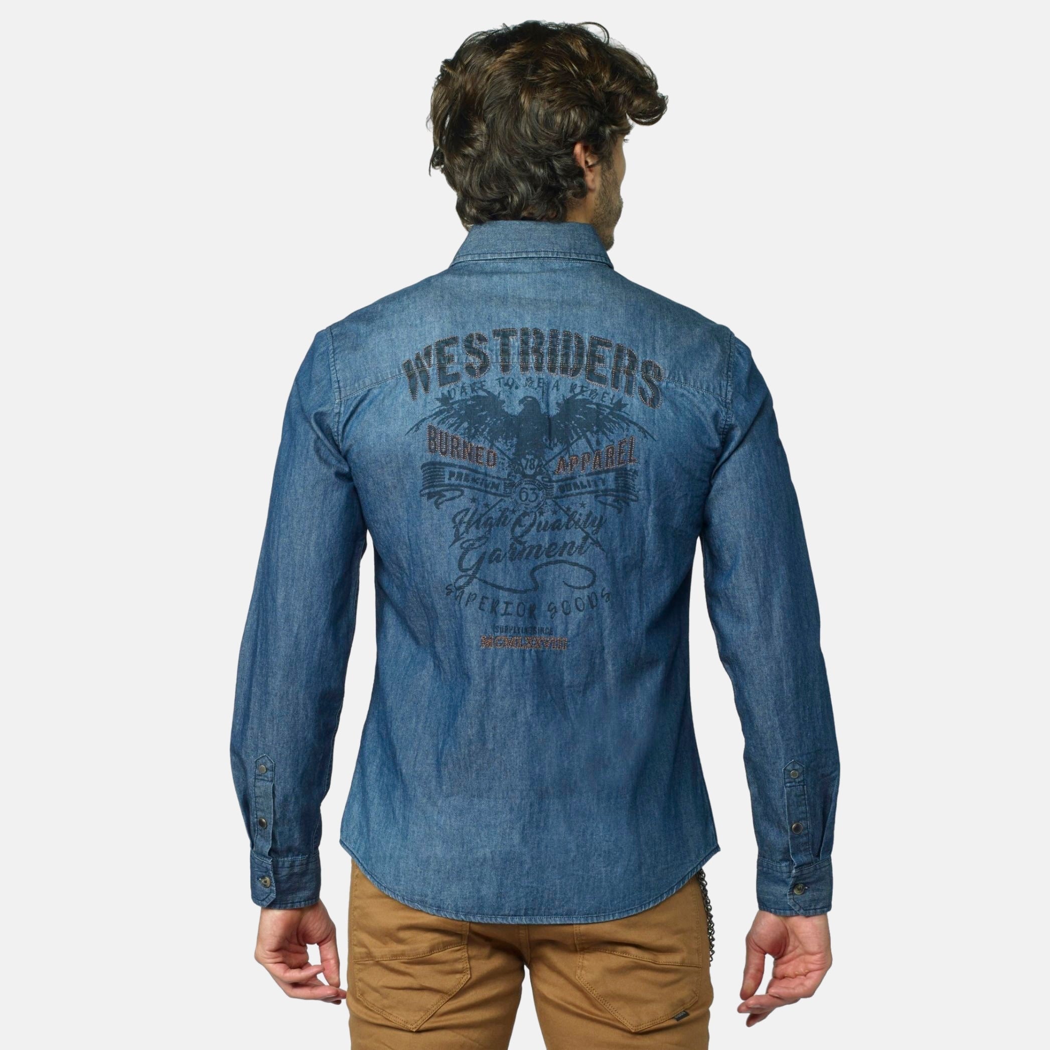 Camisa Hombre Manga Larga Denim Bordado Espalda Azul Oscuro – Koroshi