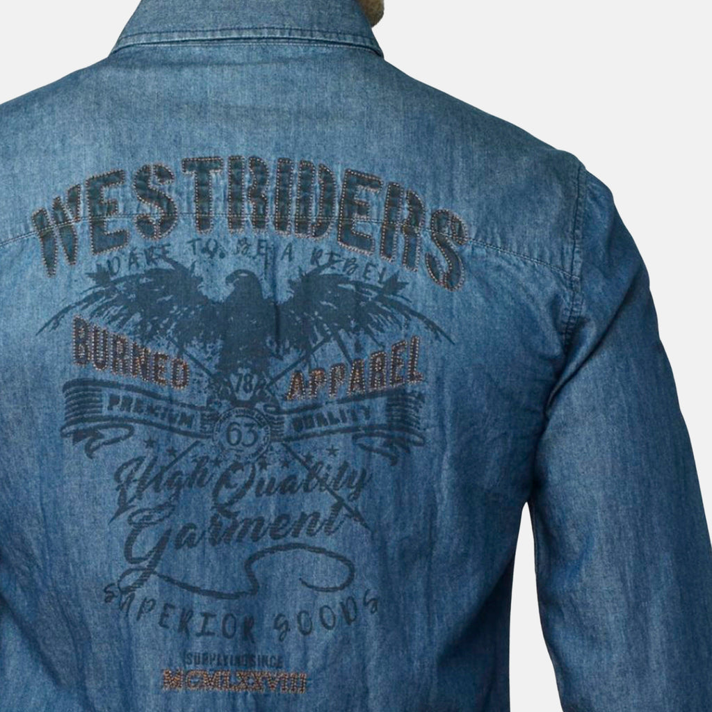 Camisa Hombre Manga Larga Denim Bordado Espalda Azul Oscuro – Koroshi
