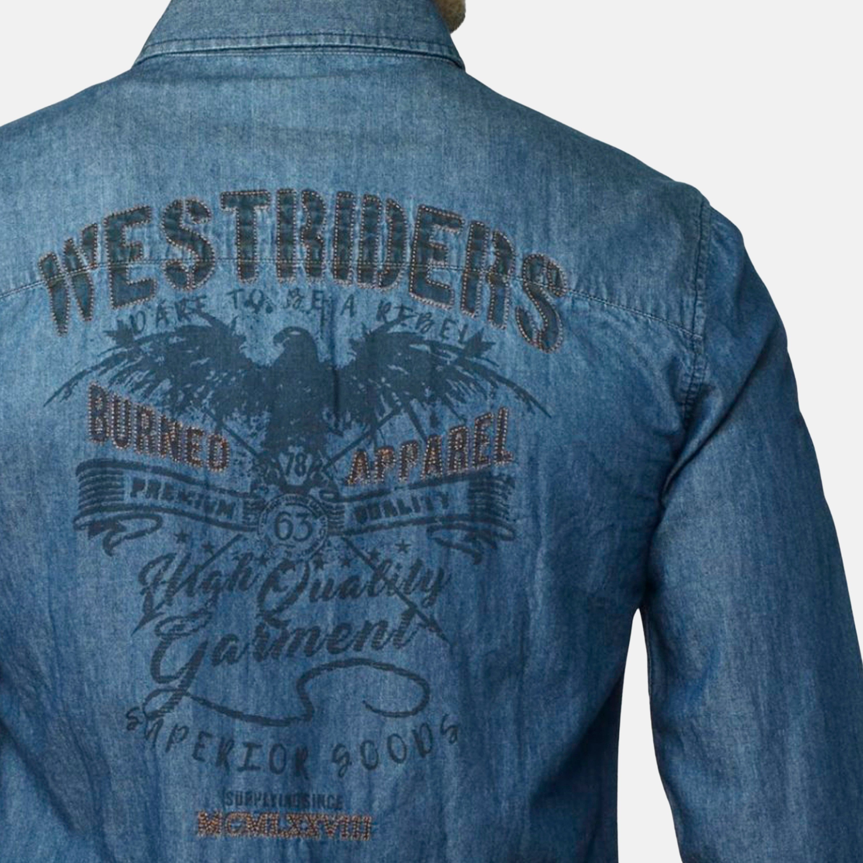 Camisa Hombre Manga Larga Denim Bordado Espalda Azul Oscuro – Koroshi