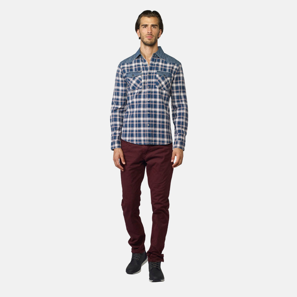Camisa Hombre Manga Larga Cuadros Detalle Denim Navy – Koroshi