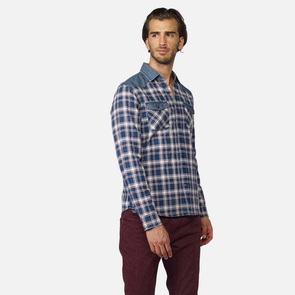Camisa Hombre Manga Larga Cuadros Detalle Denim Navy – Koroshi