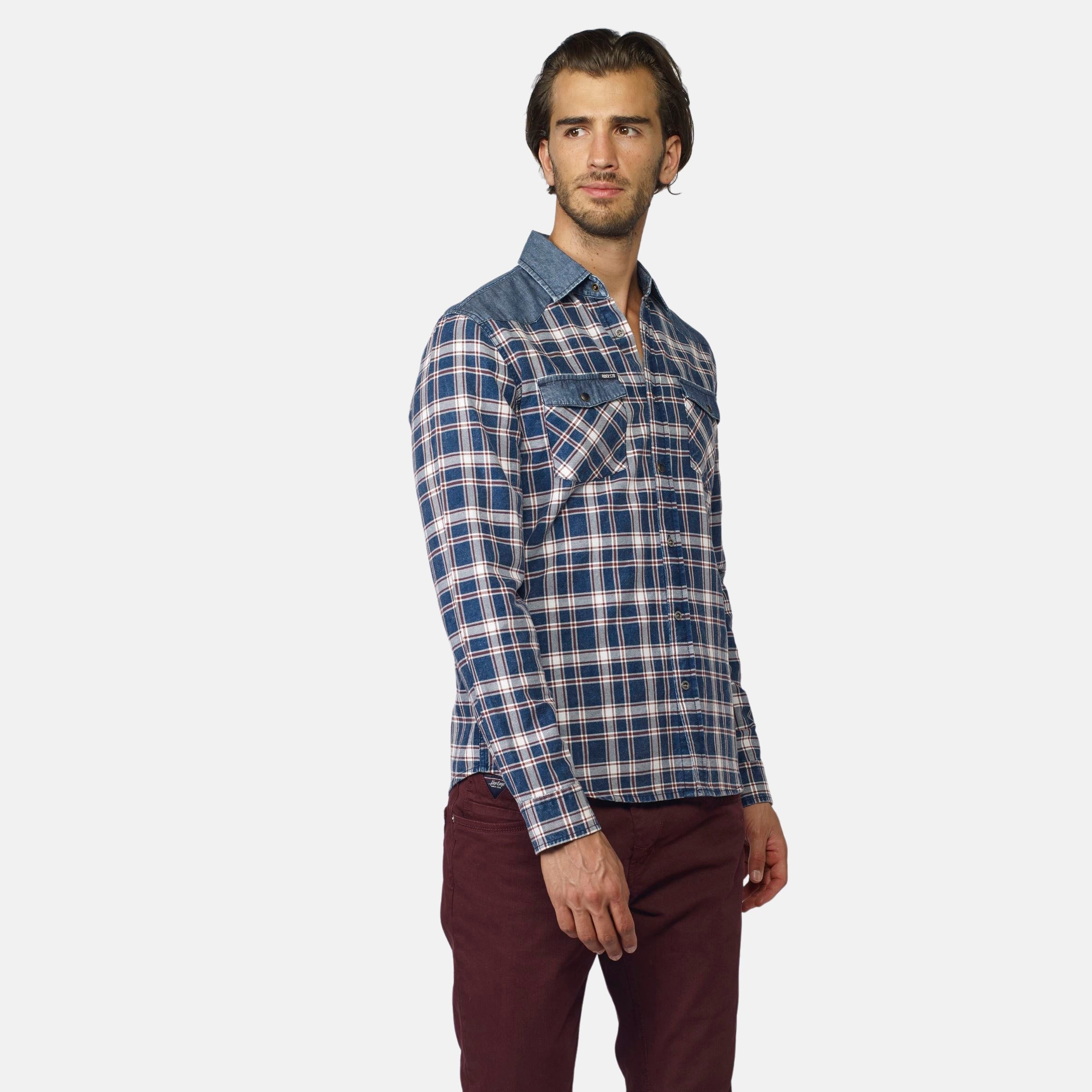 Camisa Hombre Manga Larga Cuadros Detalle Denim Navy – Koroshi