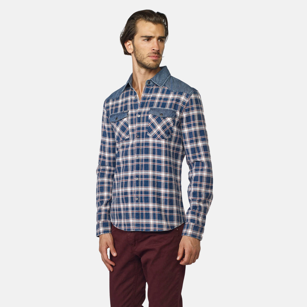 Camisa Hombre Manga Larga Cuadros Detalle Denim Navy – Koroshi