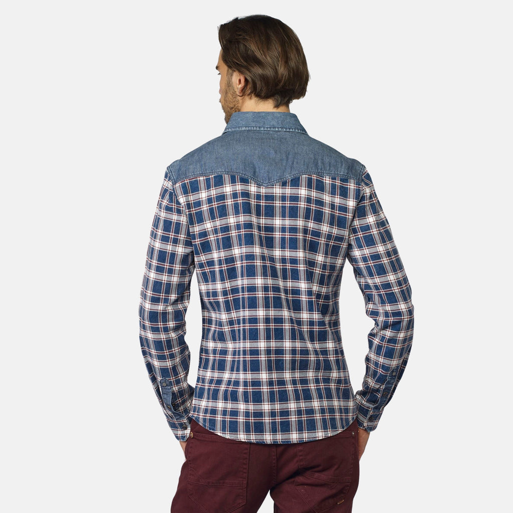 Camisa Hombre Manga Larga Cuadros Detalle Denim Navy – Koroshi