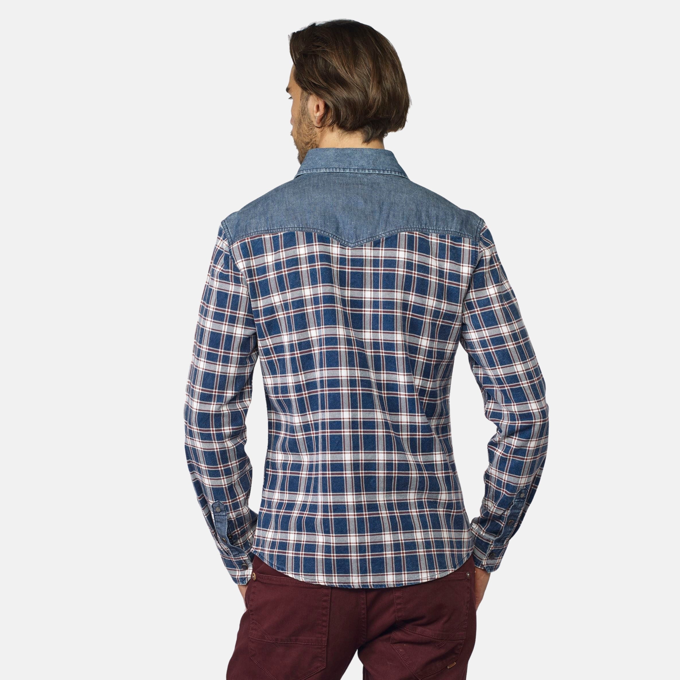 Camisa Hombre Manga Larga Cuadros Detalle Denim Navy – Koroshi