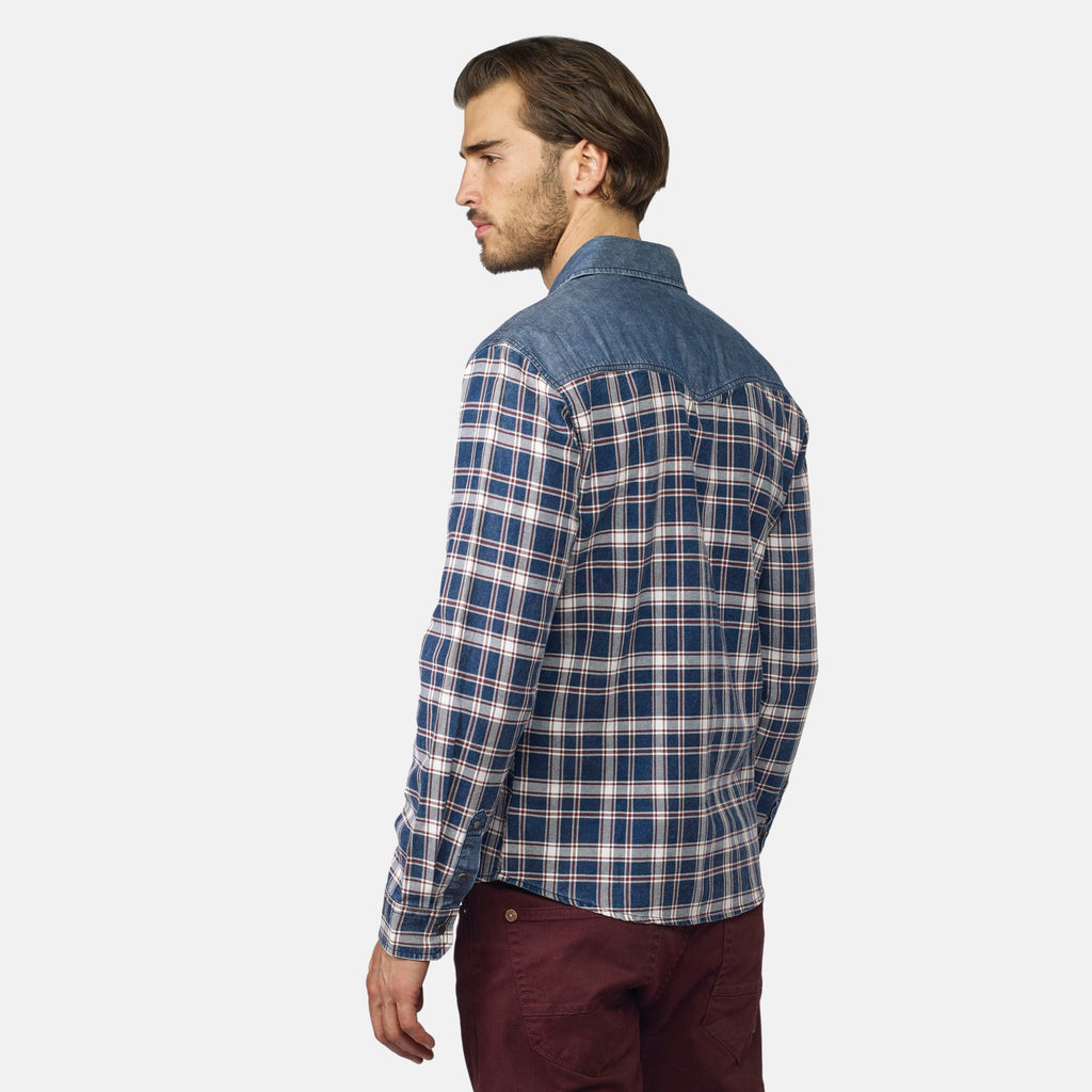 Camisa Hombre Manga Larga Cuadros Detalle Denim Navy – Koroshi