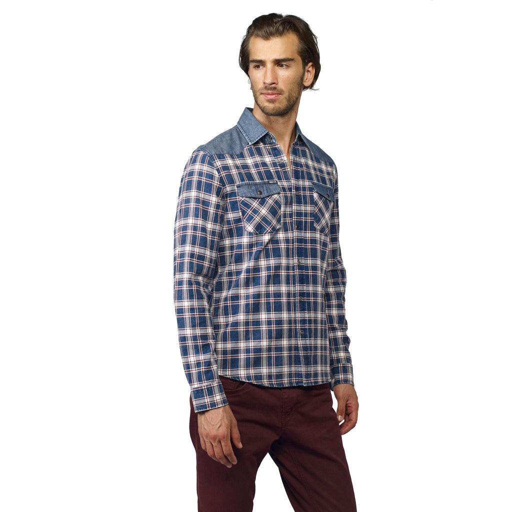 Camisa Hombre Manga Larga Cuadros Detalle Denim Navy – Koroshi