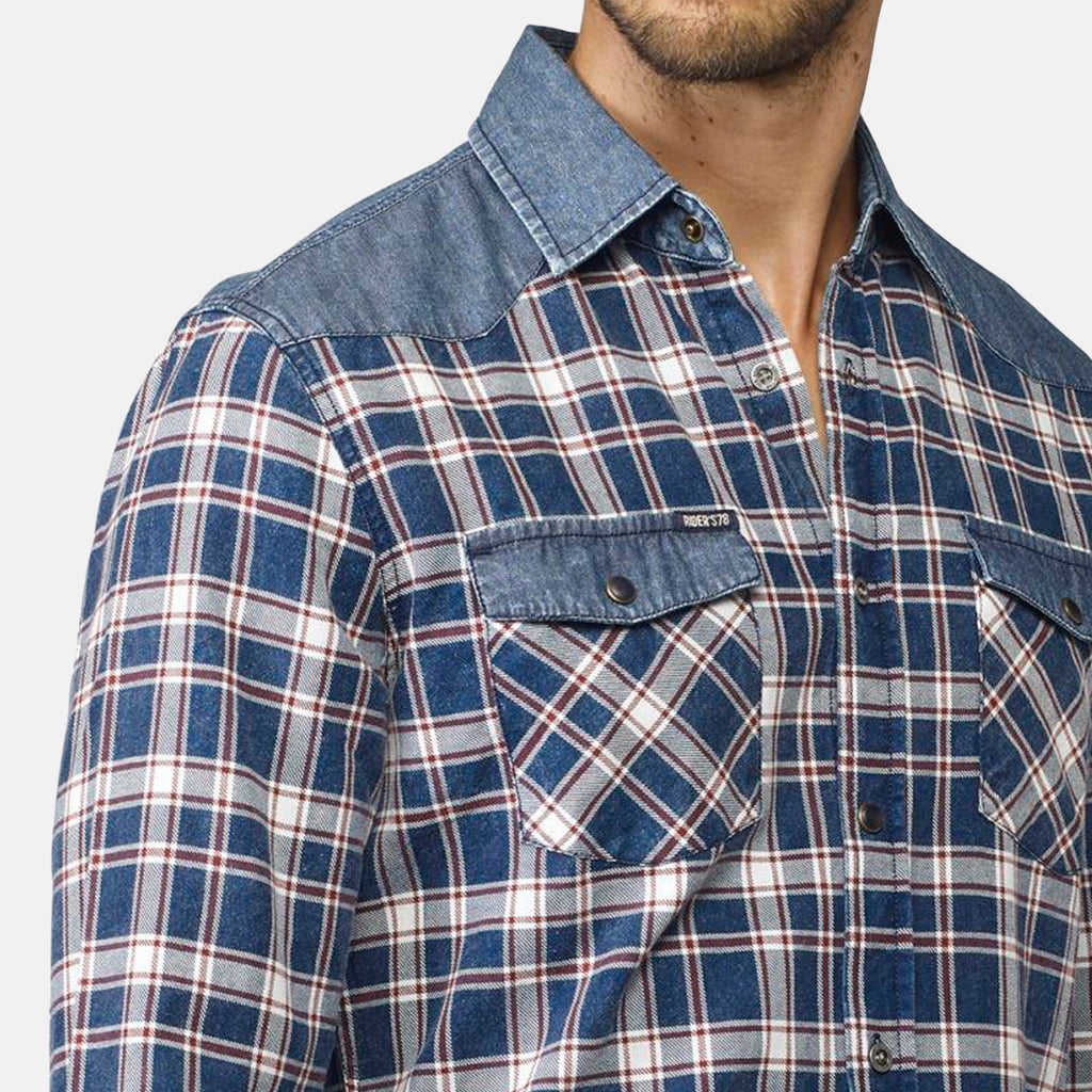 Camisa Hombre Manga Larga Cuadros Detalle Denim Navy – Koroshi