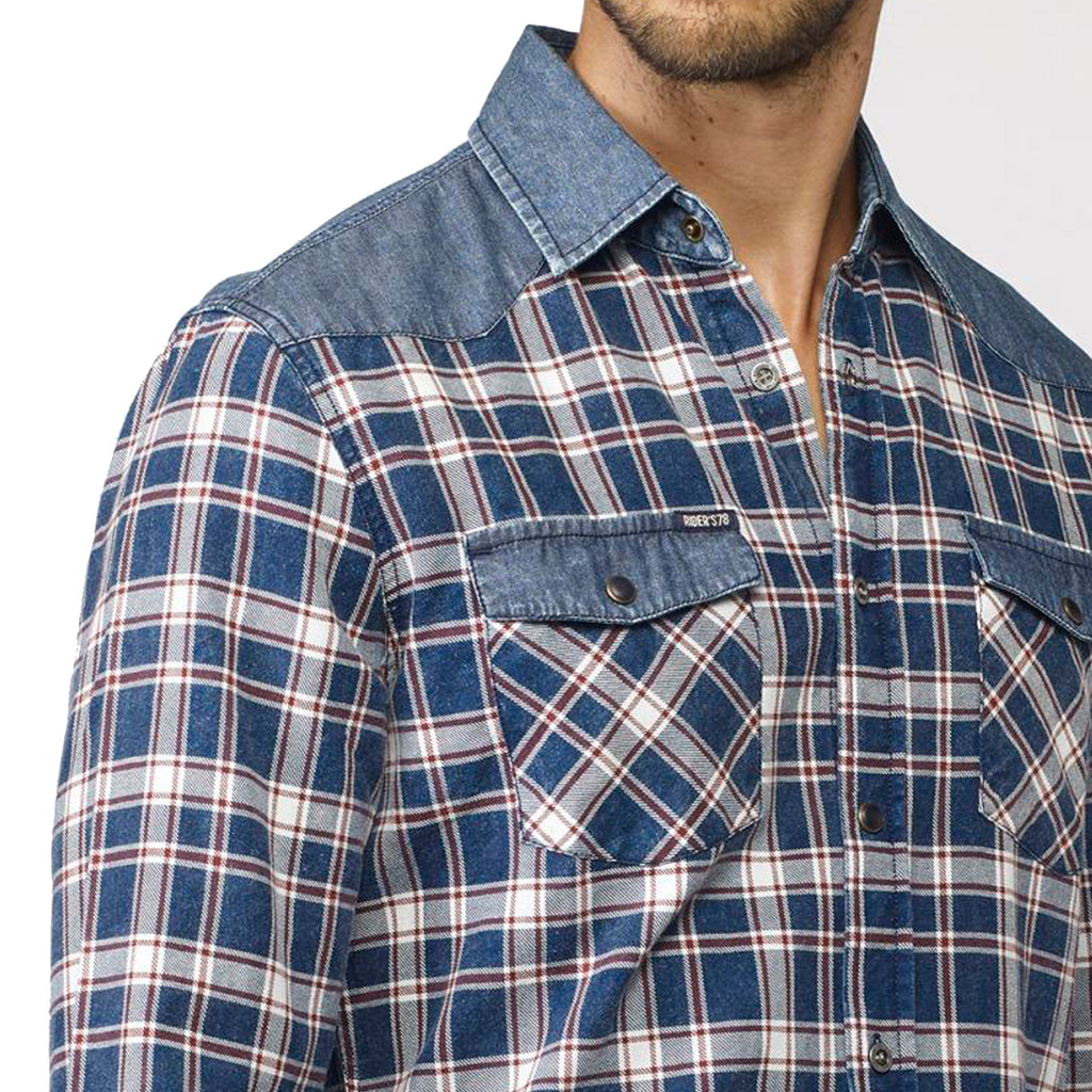 Camisa Hombre Manga Larga Cuadros Detalle Denim Navy – Koroshi