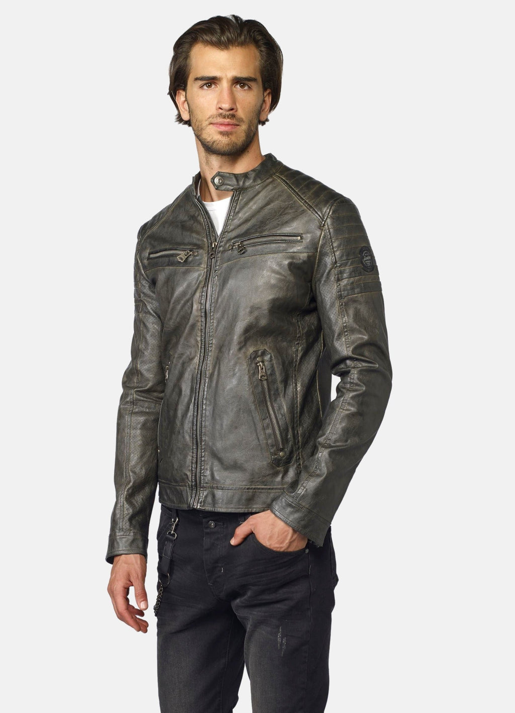 Cazadora Efecto Piel Hombre Cuello Mao Forro Pelito – Koroshi 2021JA03
