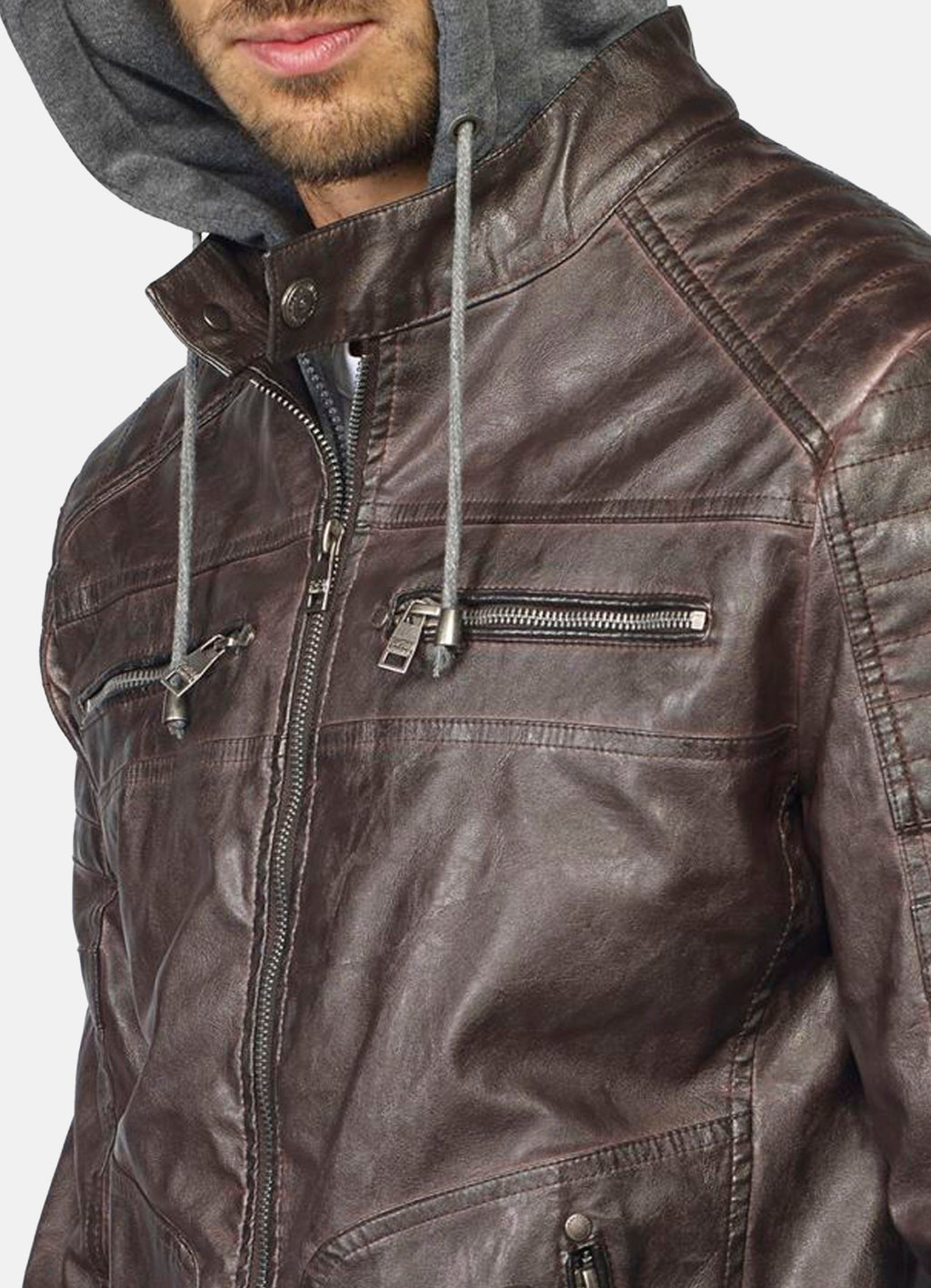 Cazadora Efecto Piel Hombre Capucha Desmontable Forro de Pelo – Koroshi 2021JA05