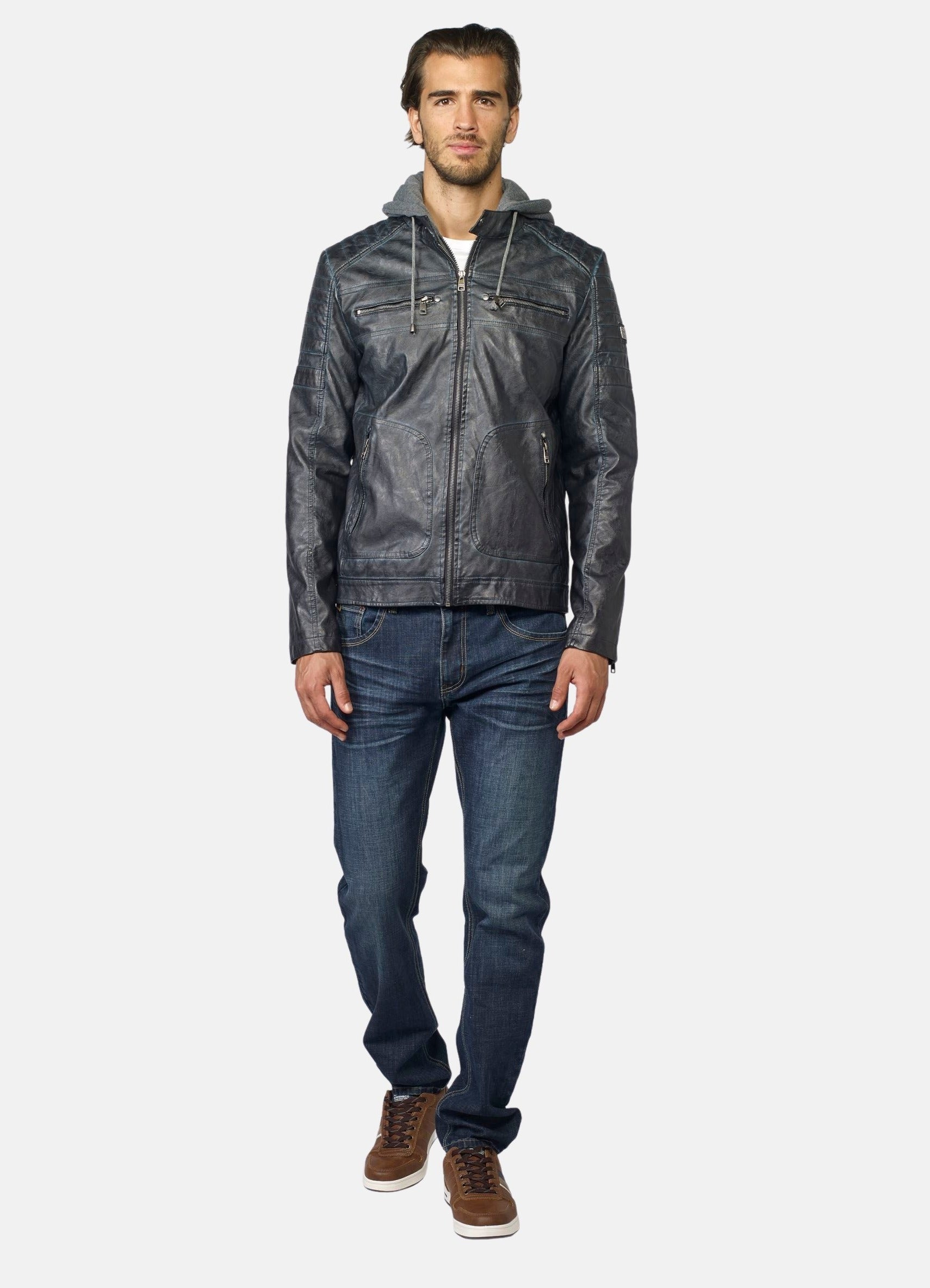 Cazadora Efecto Piel Hombre Capucha Desmontable Forro de Pelo – Koroshi 2021JA05