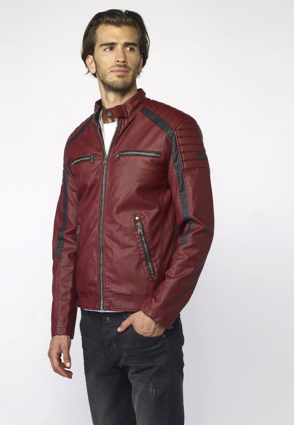 Cazadora Motera Efecto Piel Hombre Cuello Mao – Koroshi 2021JA06