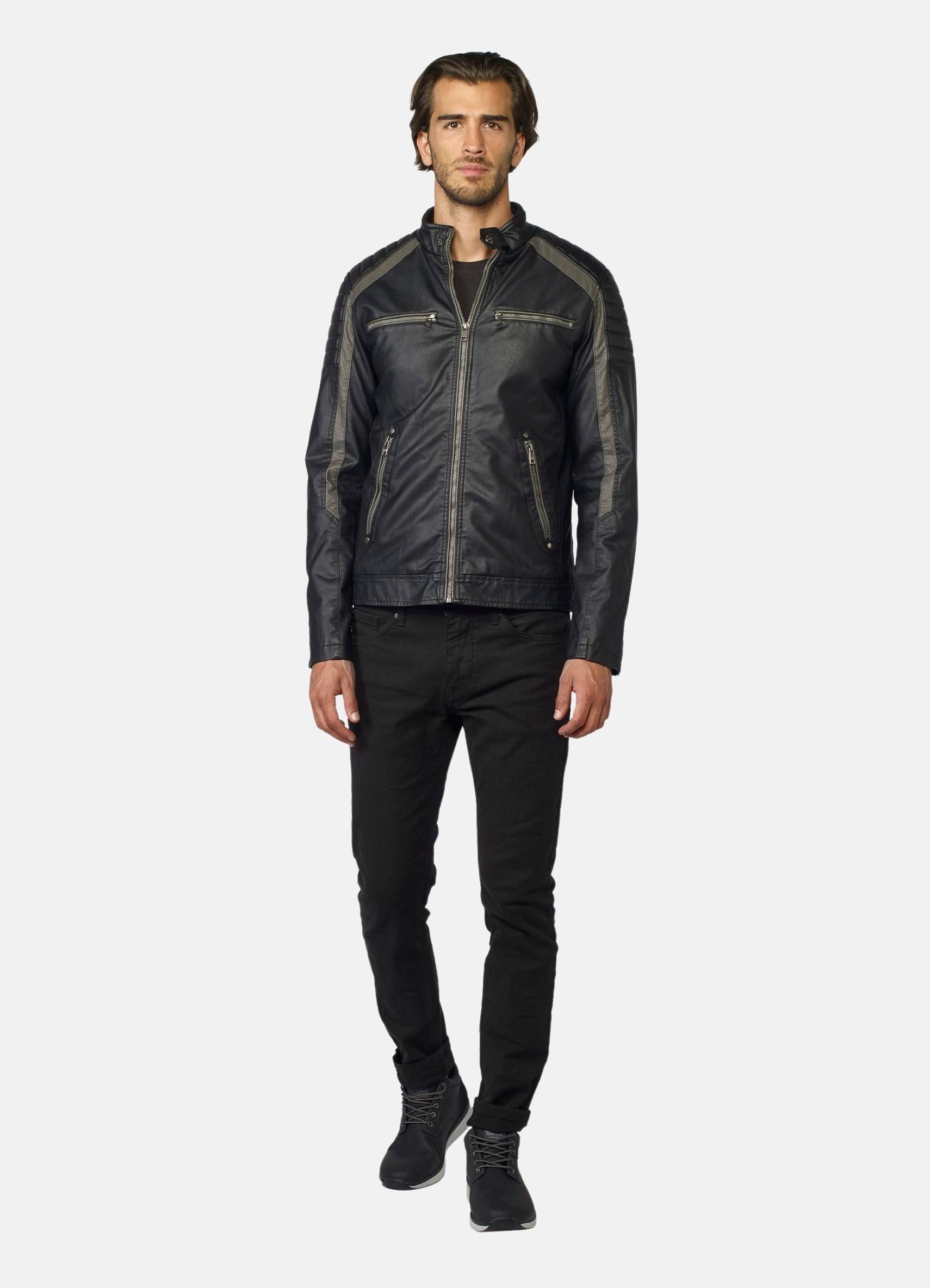 Cazadora Motera Efecto Piel Hombre Cuello Mao – Koroshi 2021JA06