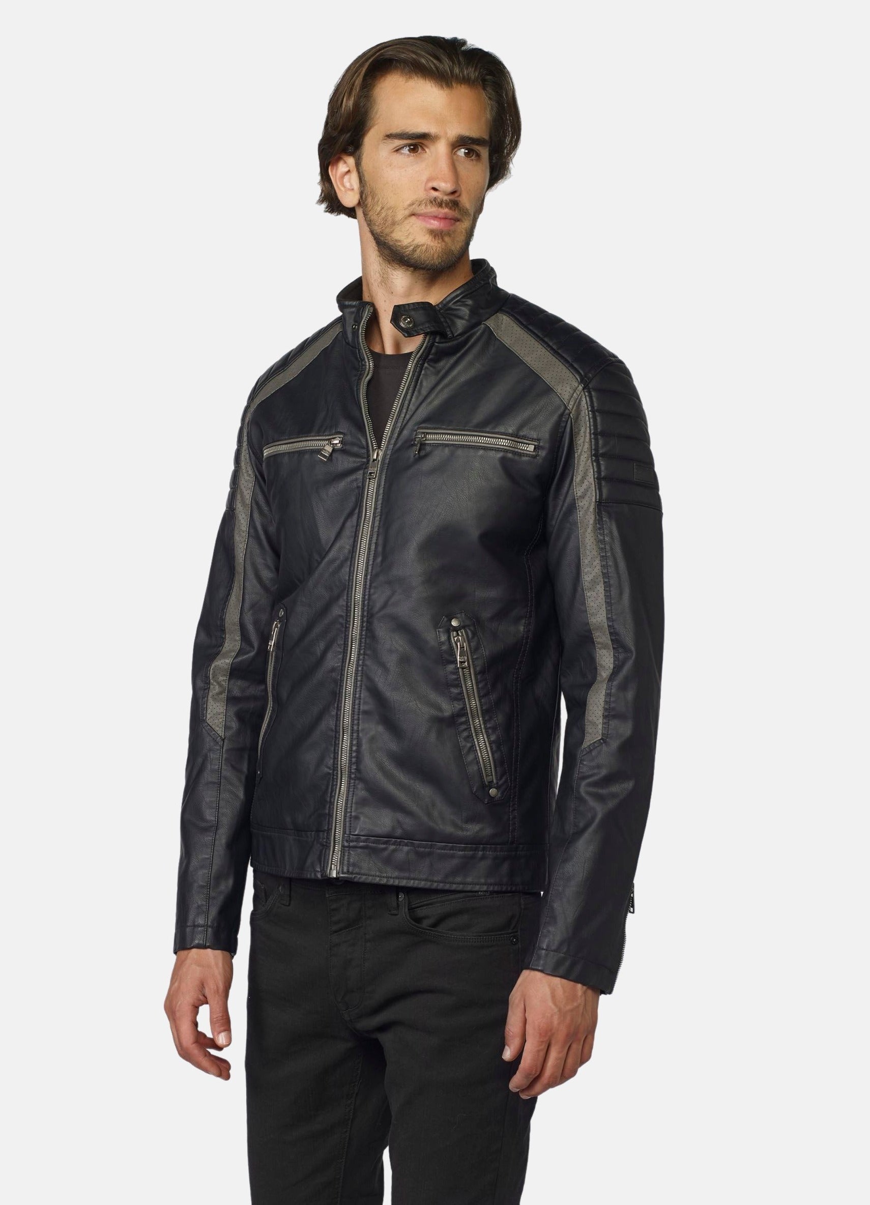 Cazadora Motera Efecto Piel Hombre Cuello Mao – Koroshi 2021JA06