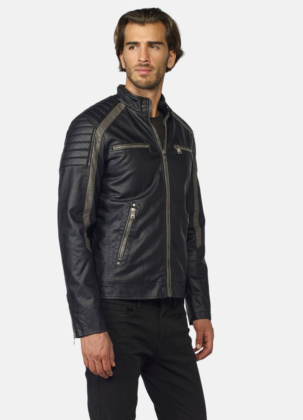 Cazadora Motera Efecto Piel Hombre Cuello Mao – Koroshi 2021JA06