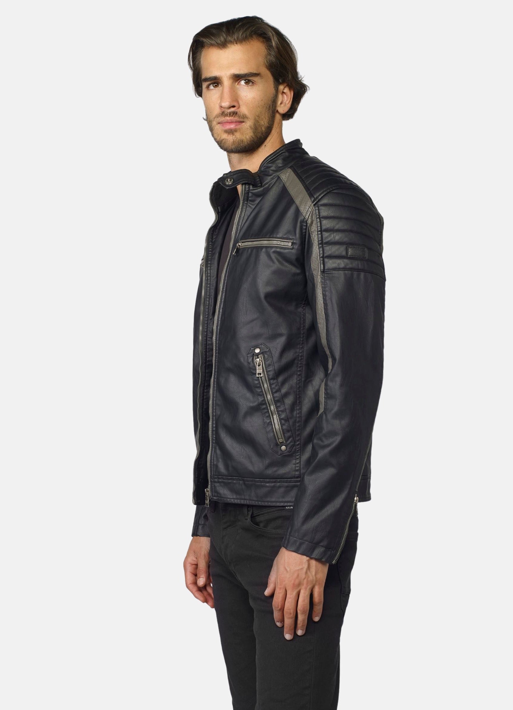 Cazadora Motera Efecto Piel Hombre Cuello Mao – Koroshi 2021JA06