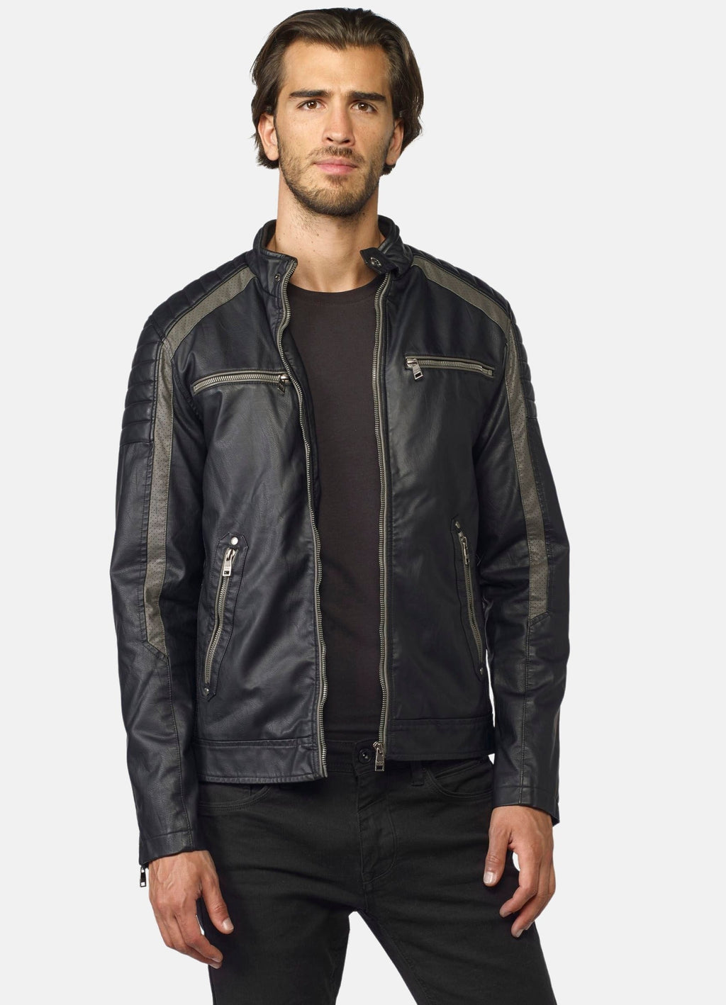 Cazadora Motera Efecto Piel Hombre Cuello Mao – Koroshi 2021JA06