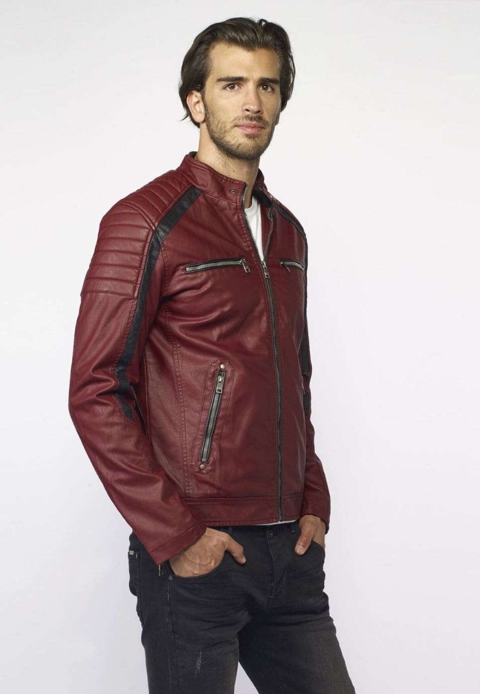 Cazadora Motera Efecto Piel Hombre Cuello Mao – Koroshi 2021JA06