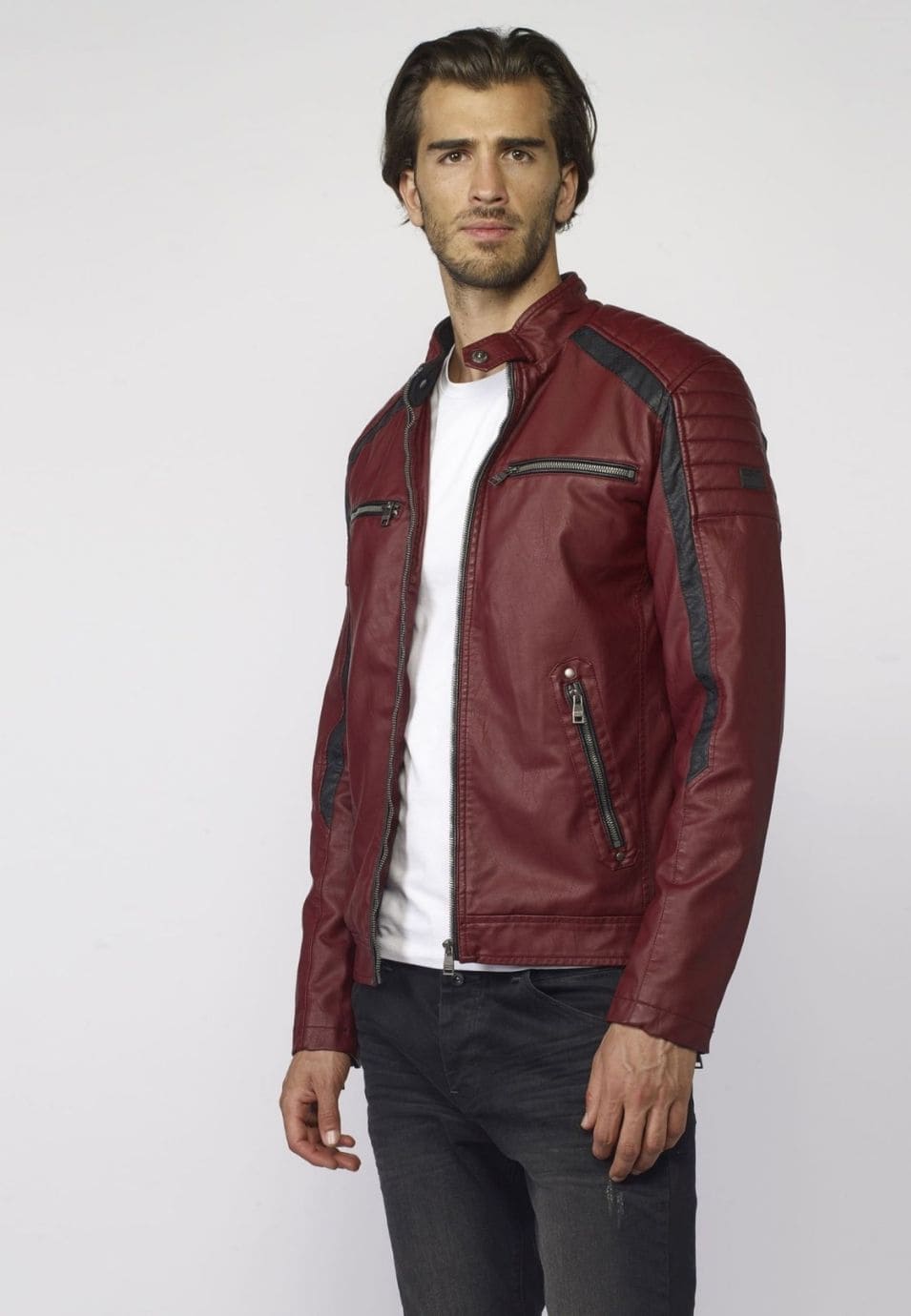 Cazadora Motera Efecto Piel Hombre Cuello Mao – Koroshi 2021JA06