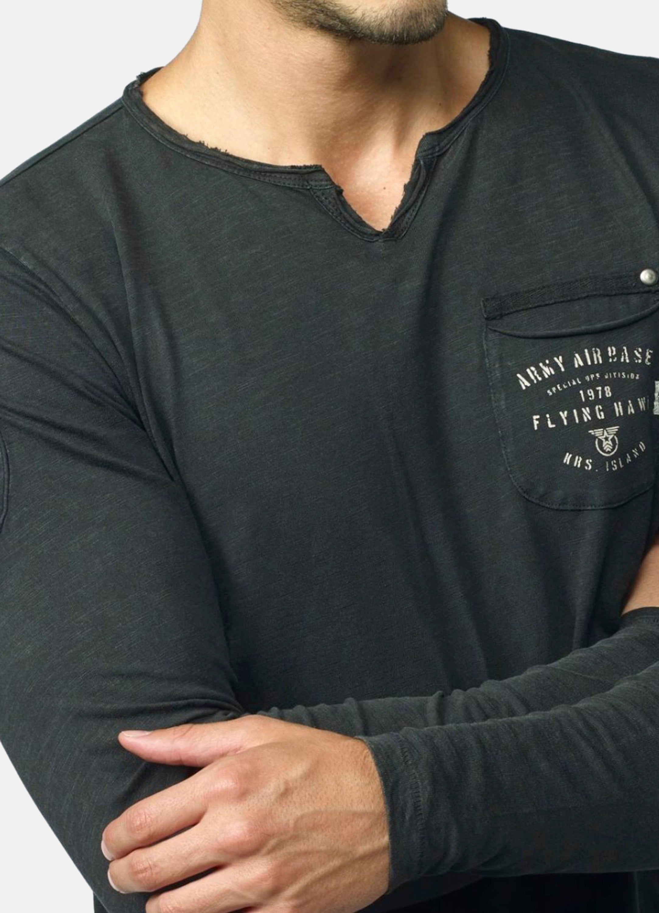 Camiseta Manga Larga Hombre Cuello Partido con Bolsillo – Koroshi 2021ML16
