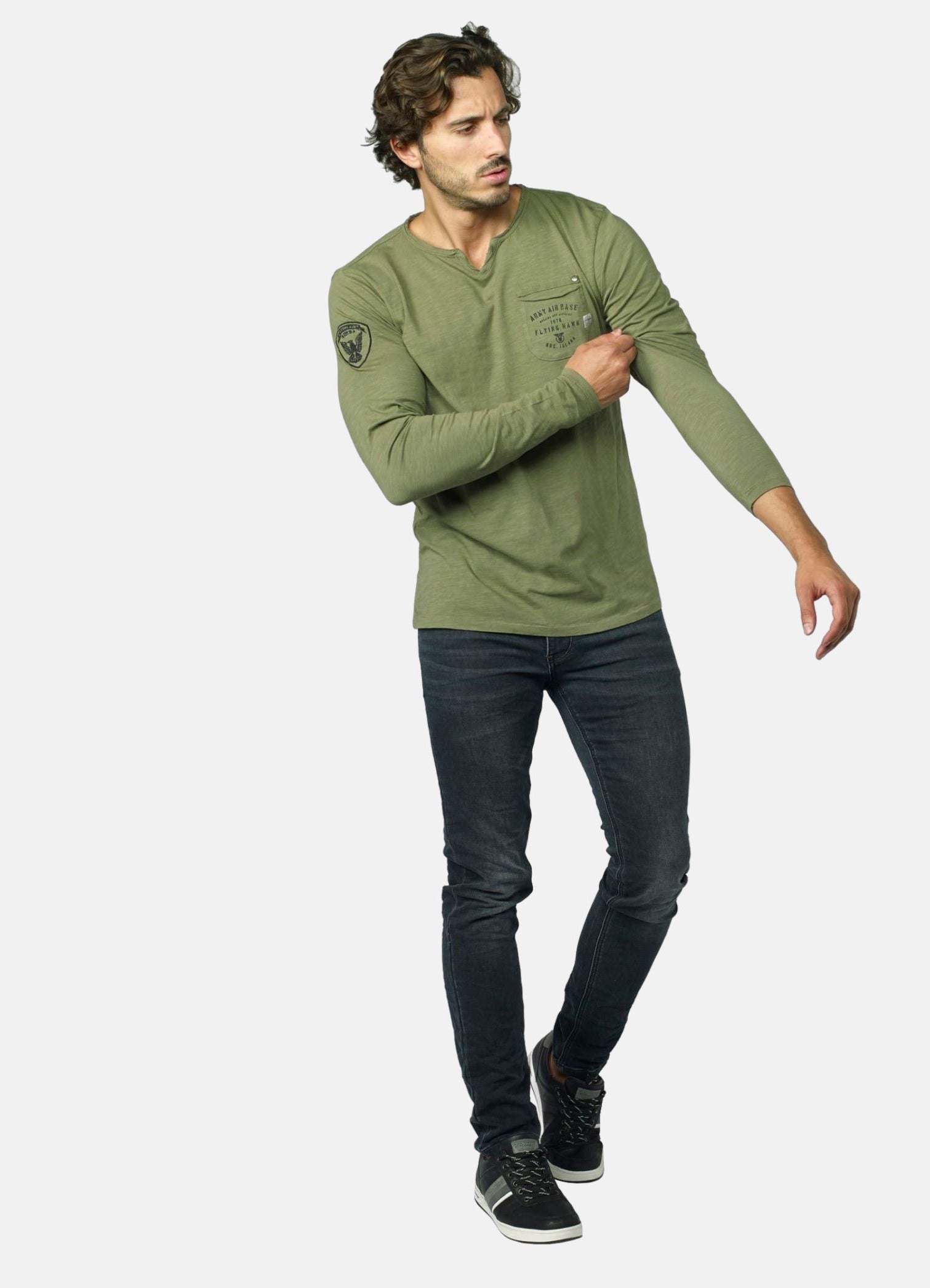 Camiseta Manga Larga Hombre Cuello Partido con Bolsillo – Koroshi 2021ML16