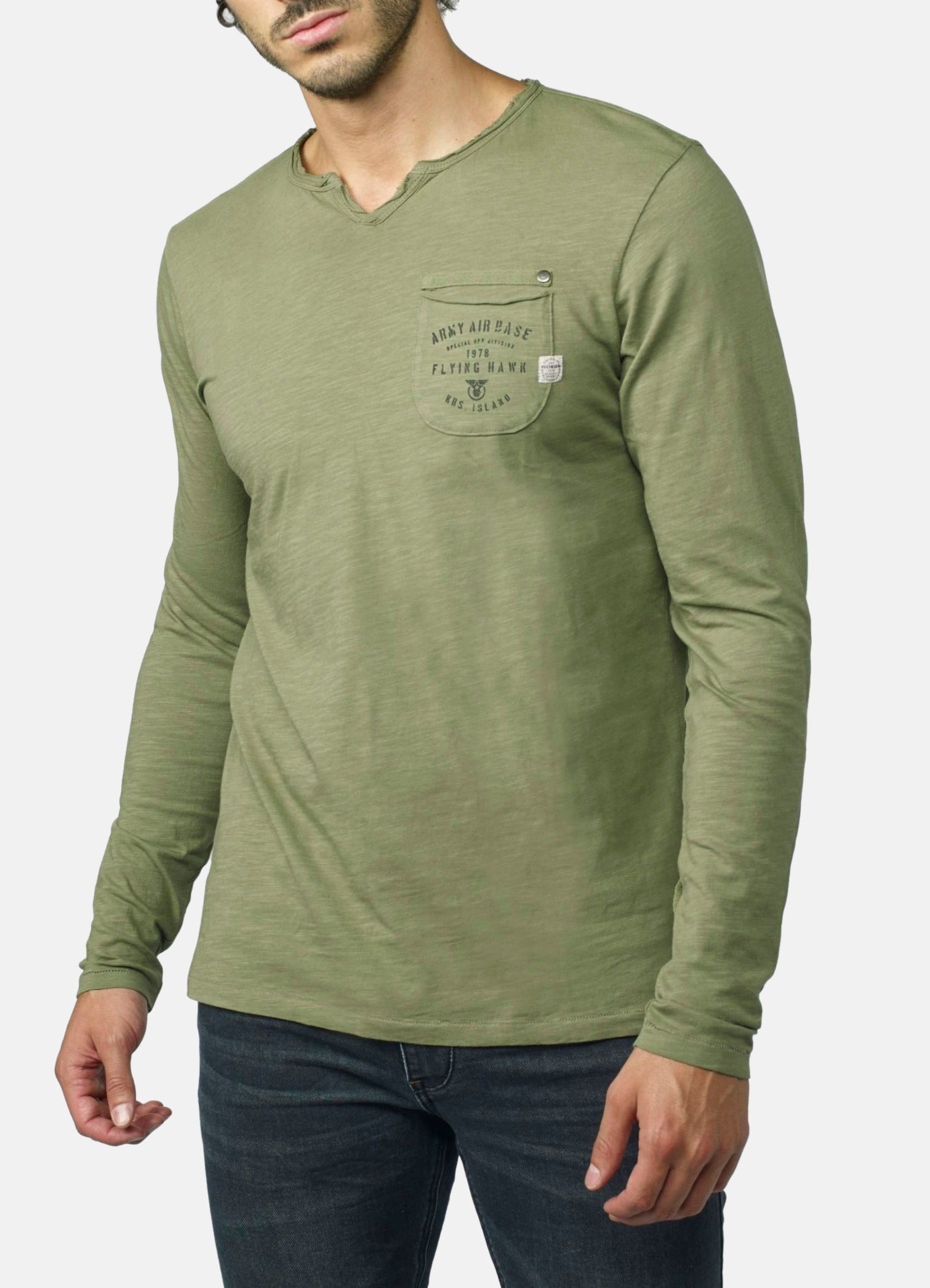 Camiseta Manga Larga Hombre Cuello Partido con Bolsillo – Koroshi 2021ML16