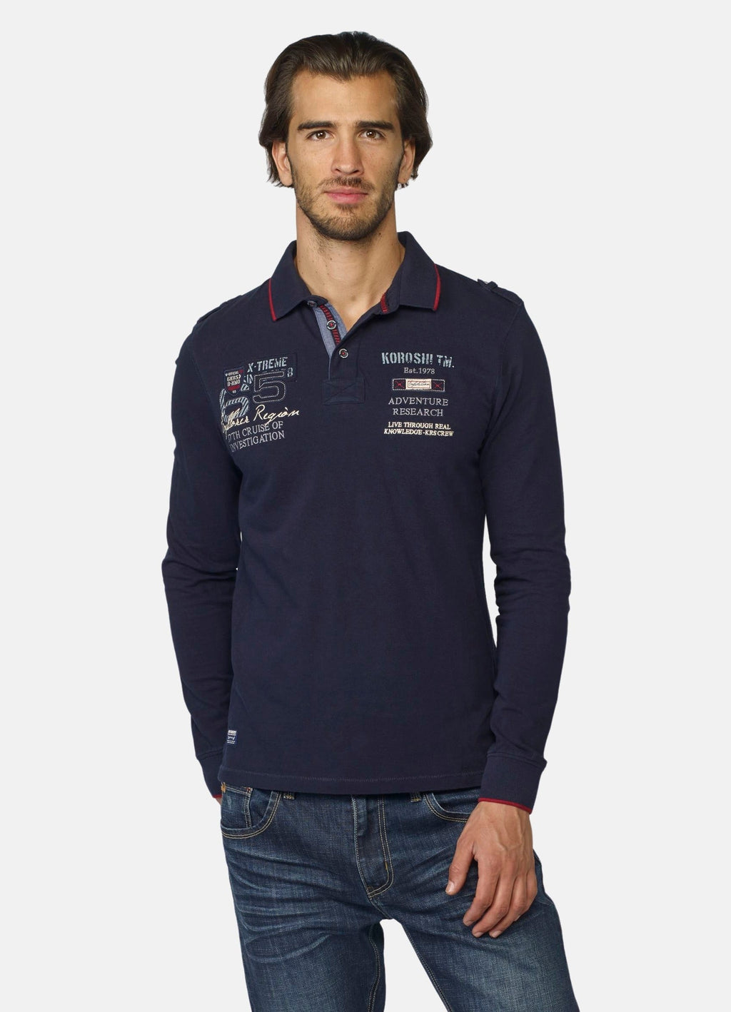 Polo Manga Larga Hombre Piqué con Bordados Tipográficos – Koroshi 2021PL10