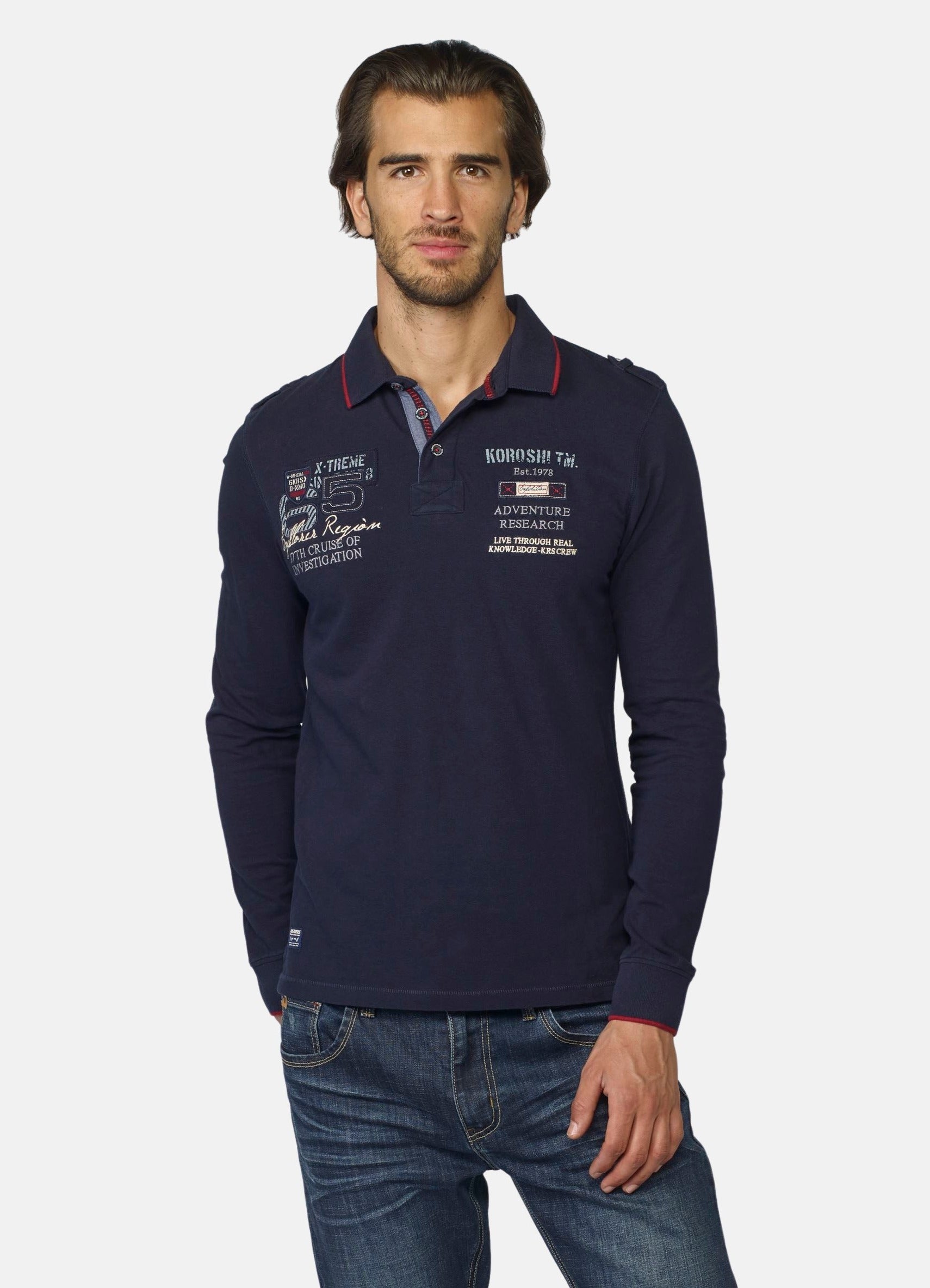 Polo Manga Larga Hombre Piqué con Bordados Tipográficos – Koroshi 2021PL10