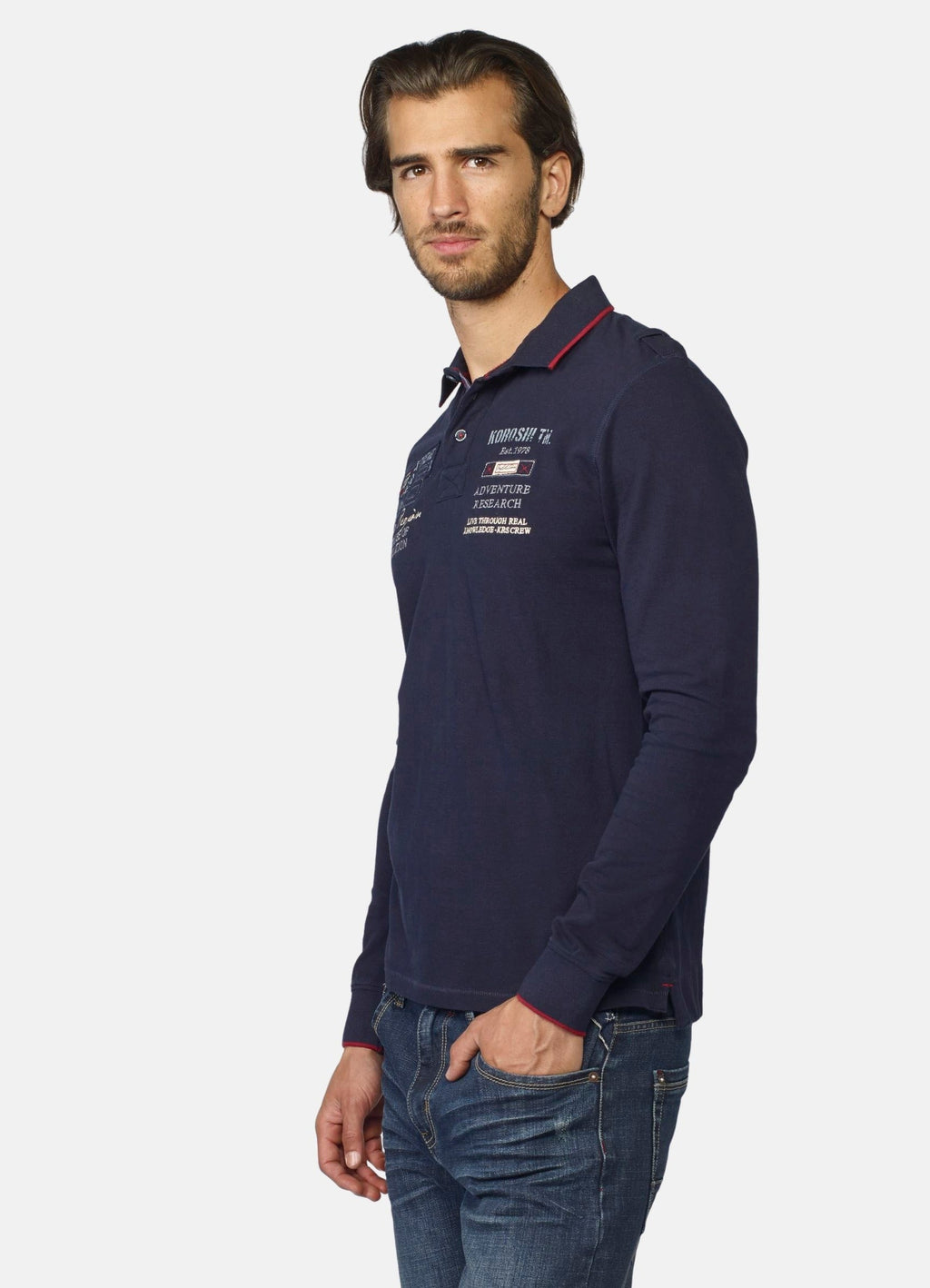 Polo Manga Larga Hombre Piqué con Bordados Tipográficos – Koroshi 2021PL10