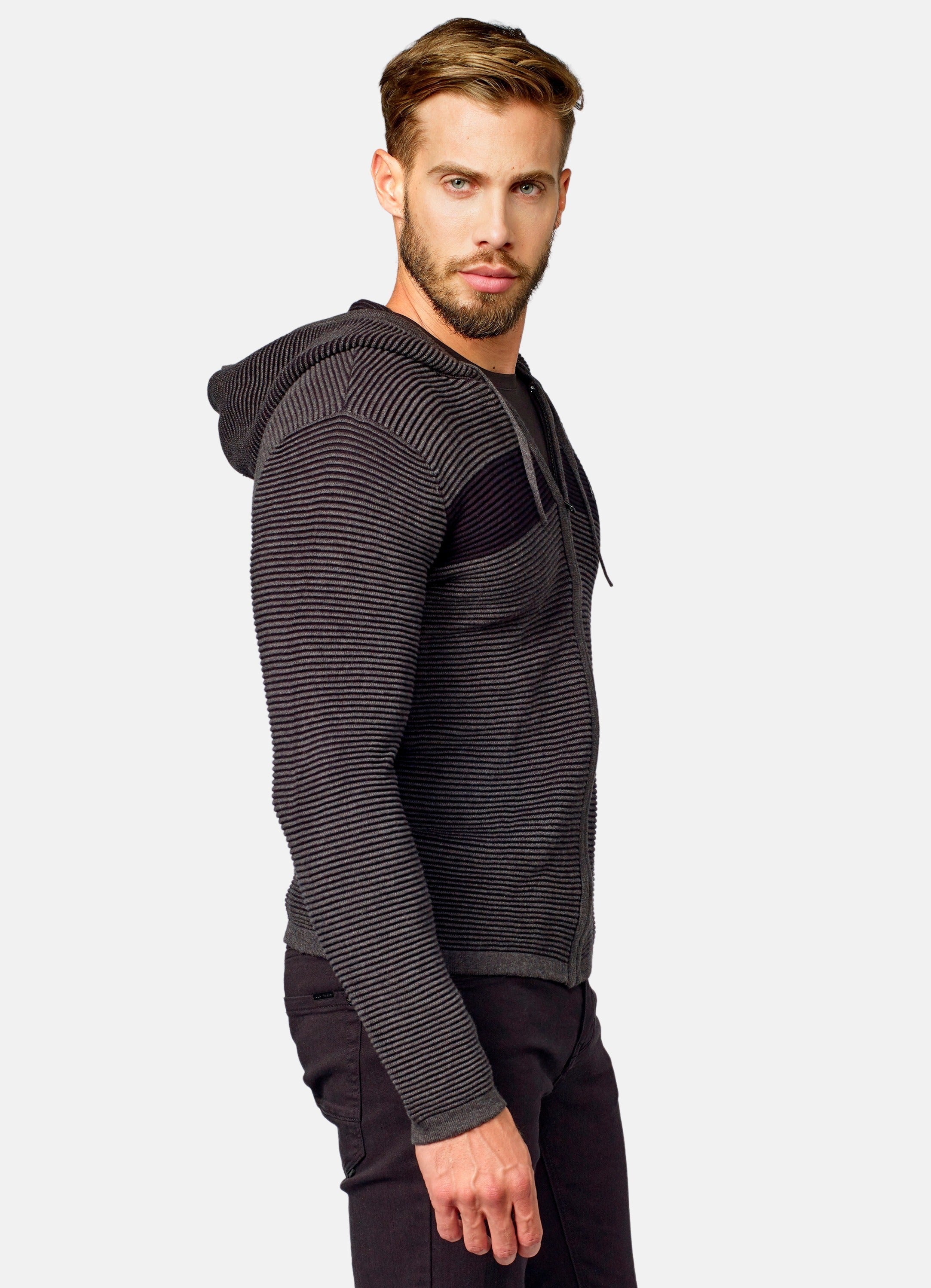 Chaqueta Punto Canutillo Hombre con Capucha y Cremallera – Koroshi Negro